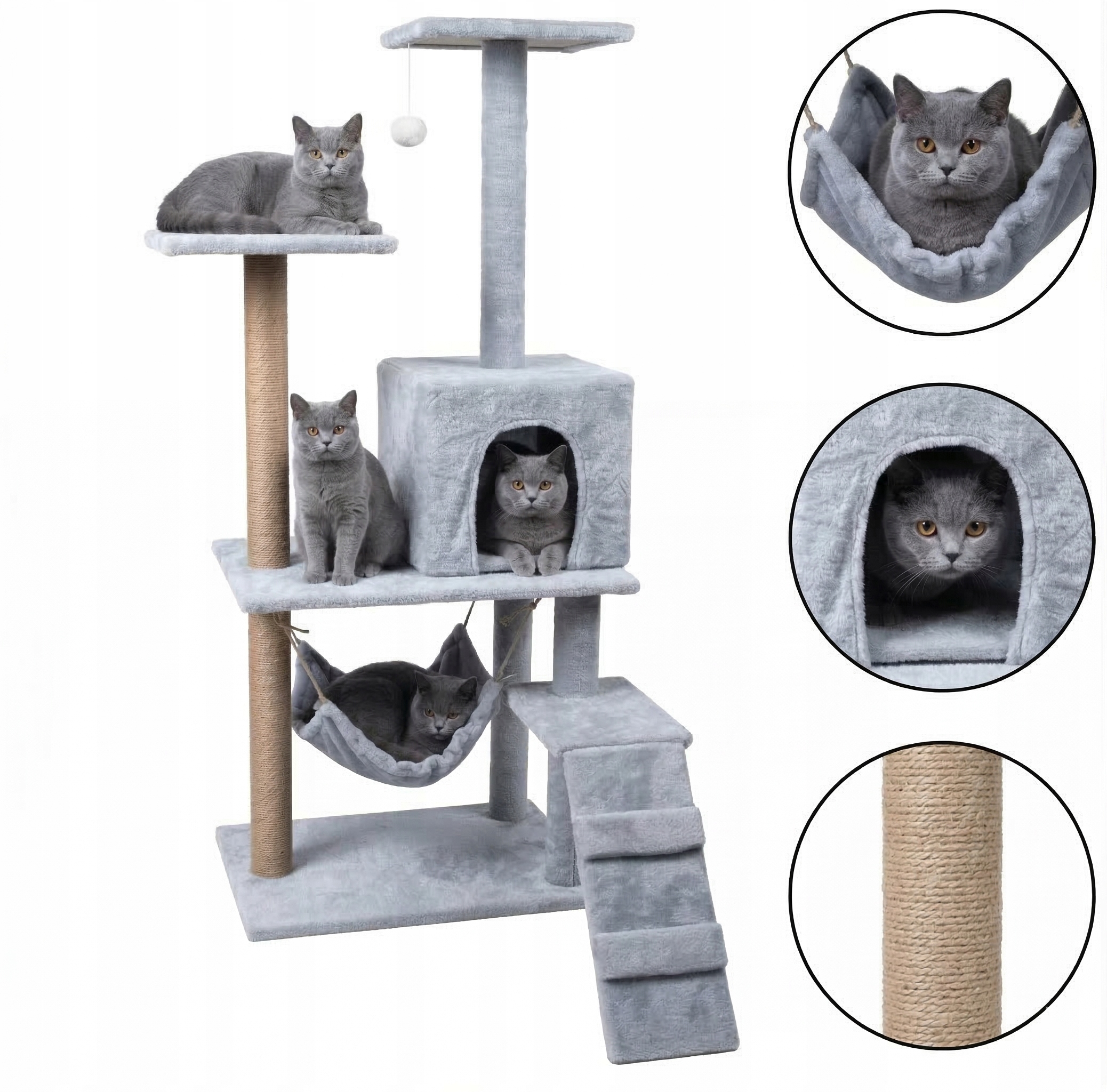 Solidny Drapak dla Kota Wieża 130cm Słupek Sizal Domek Z Hamakiem Legowisko