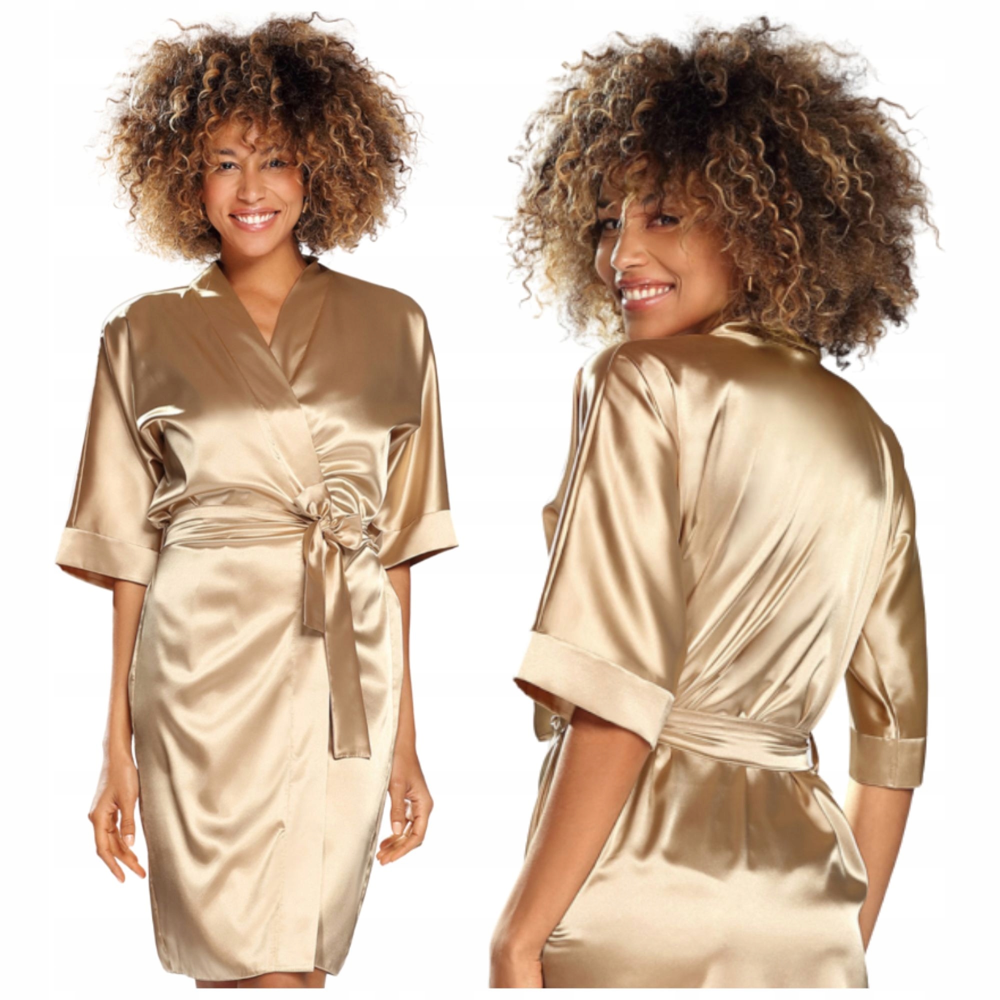 Dámský saténový župan Župan Svázání v pase Dlouhý světle hnědý XL