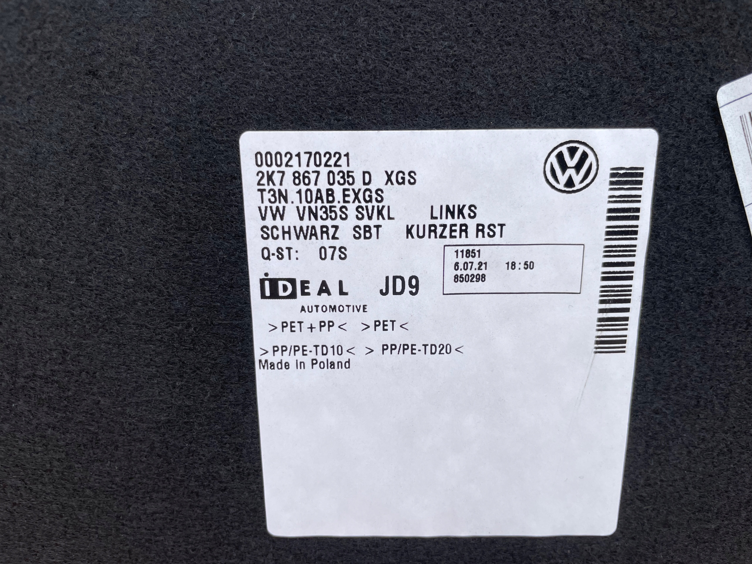 boot upholstery left VW CADDY 2020-2025 R 2K7867035D original IDEAL
