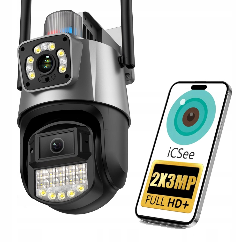 Kamera Podwójna Zewnętrzna Obrotowa Wifi Ip Full Hd Mikrofon Śledzenie