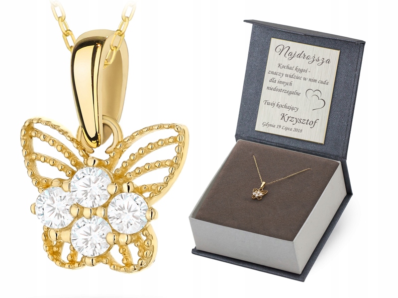 Zlatý Náhrdelník 45cm pr. 585 Přívěsek Motýlek Ažurový Bílé Zirkony 14k