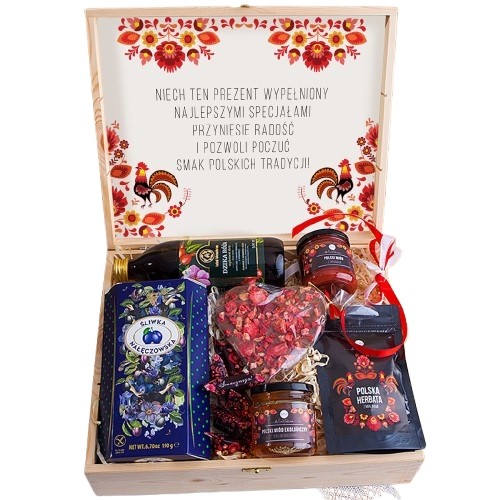Kosz Prezentowy Zestaw Skrzynia Folk miody herbata słodycze