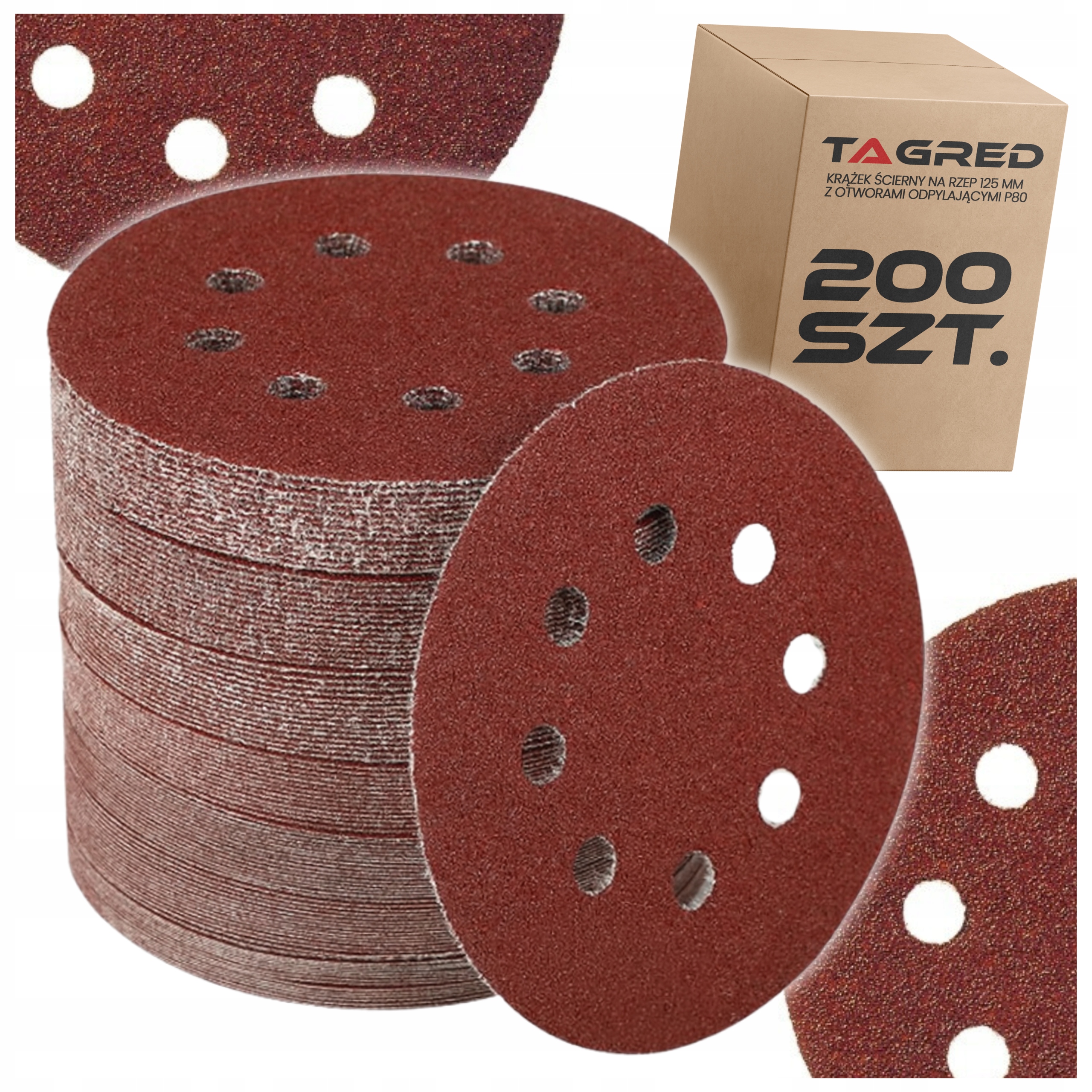 200x Krążek ścierny na rzep gr 80 125mm z otworami odpylającymi 4x50szt