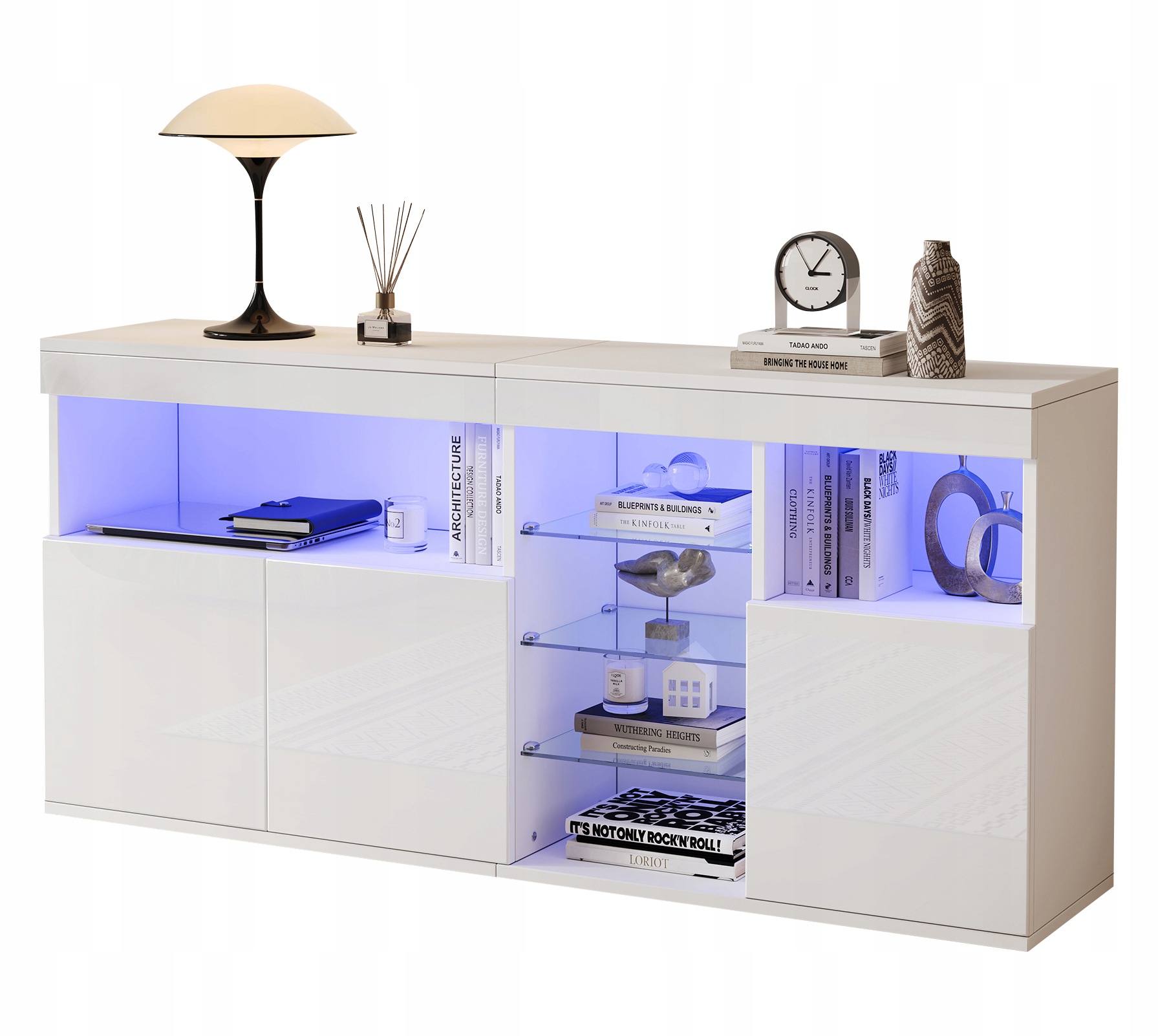 Nowoczesna Komoda Biała 155.5X35X72CM, Szafka Z Półkami Do Salonu I Jadalni