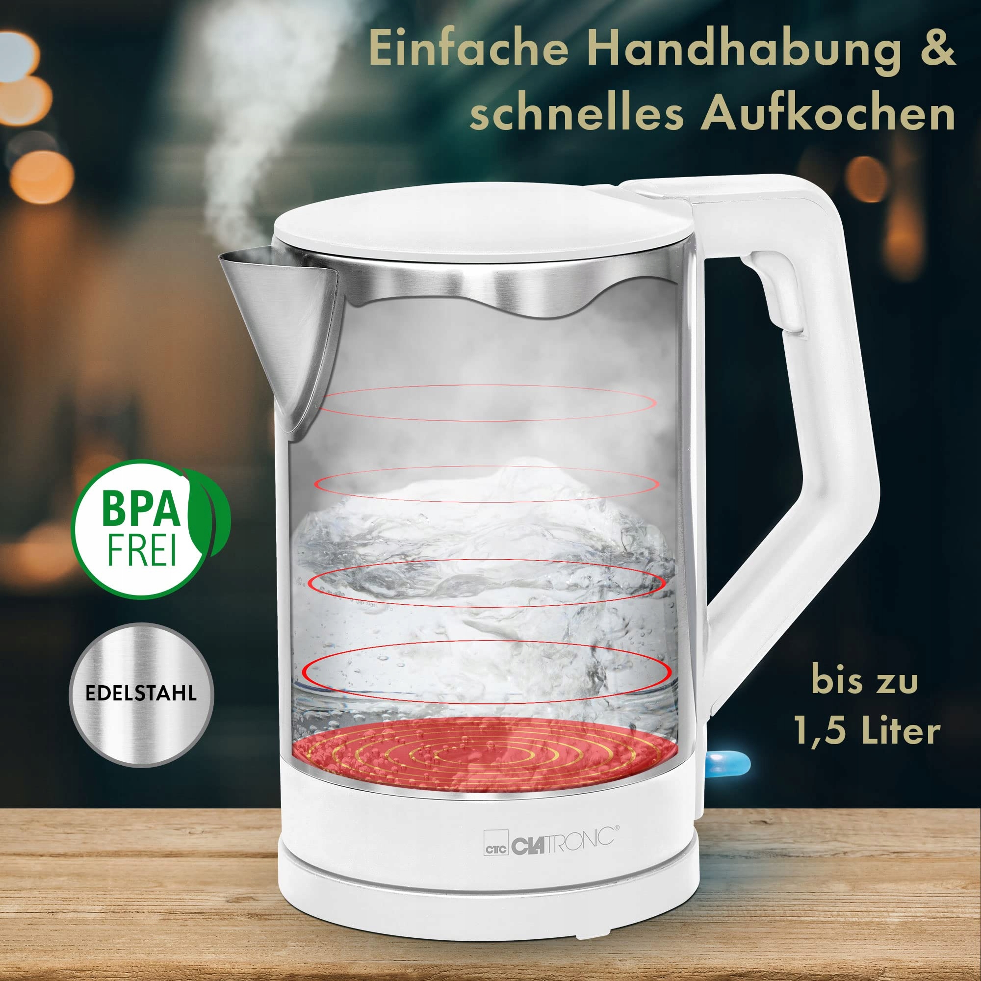 CLATRONIC Czajnik Elektryczny 1.5L 2200W Automatyczne Wyłączanie Biały Inox — miniatura 3