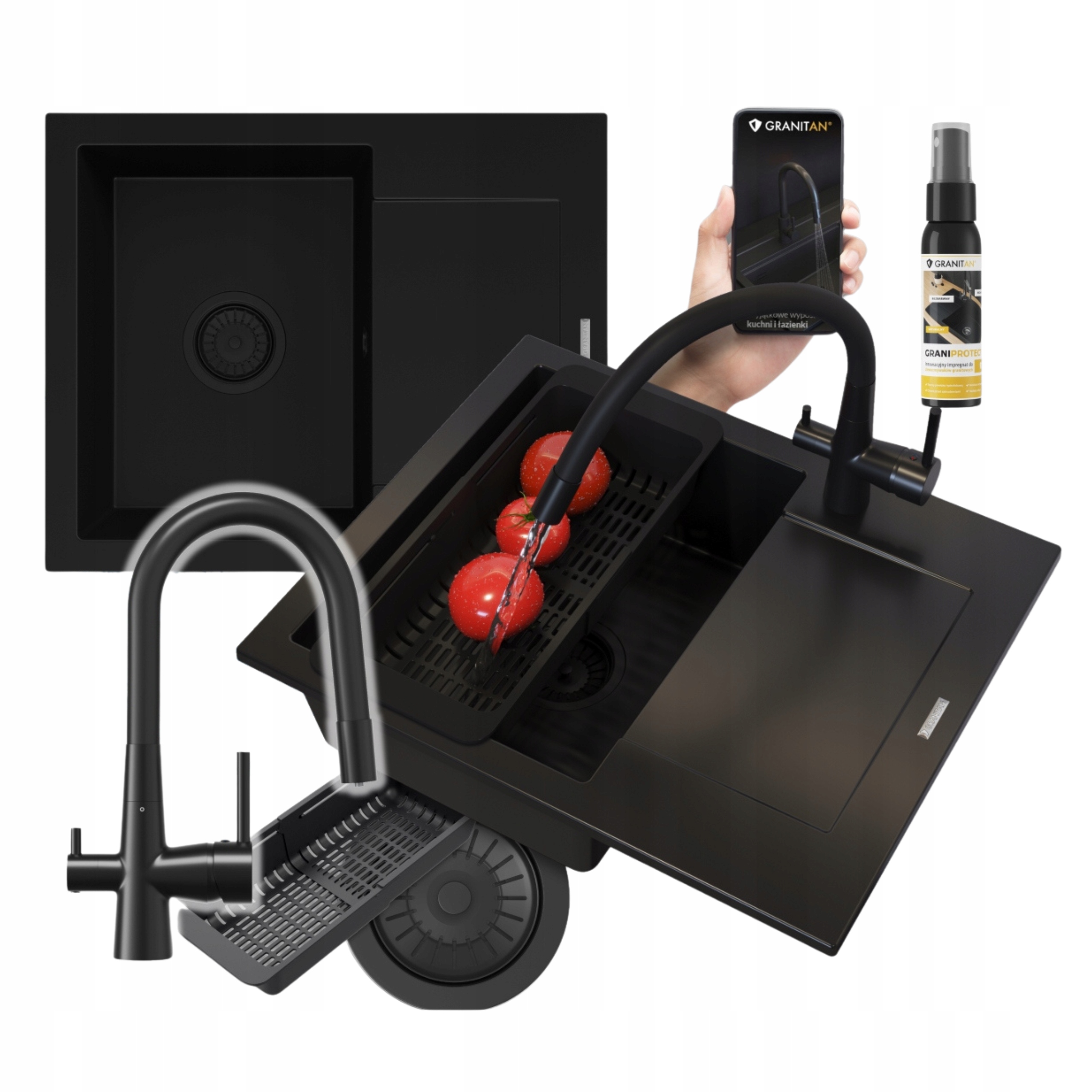 Čierny granitový Drez Bello Set Drez s trojcestnou batériou 4v1