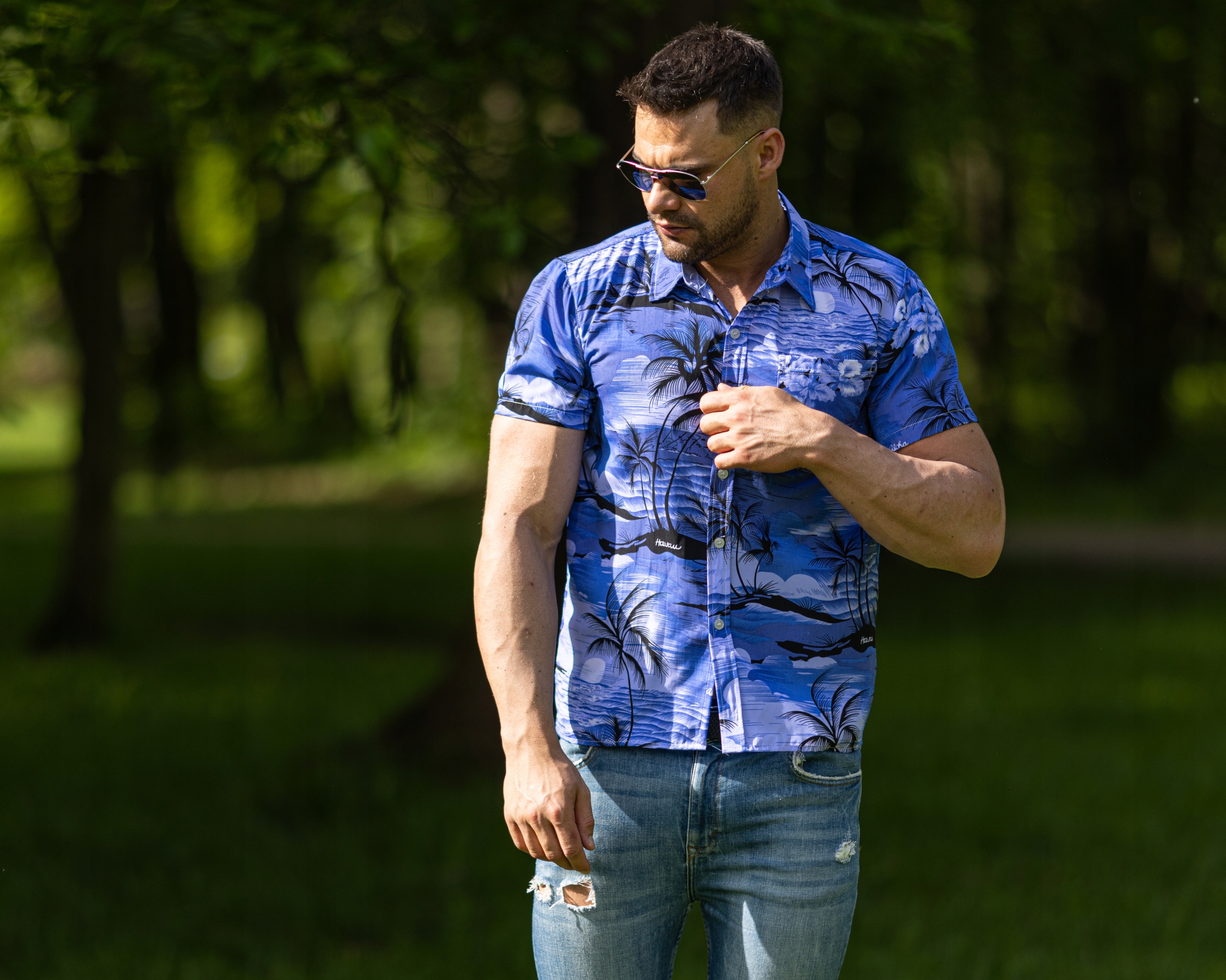 KOSZULA MĘSKA HAWAJSKA W PALMY KWIATY PLAŻA MORZE D1 GRANATOWA - XXXL Rozmiar 3XL