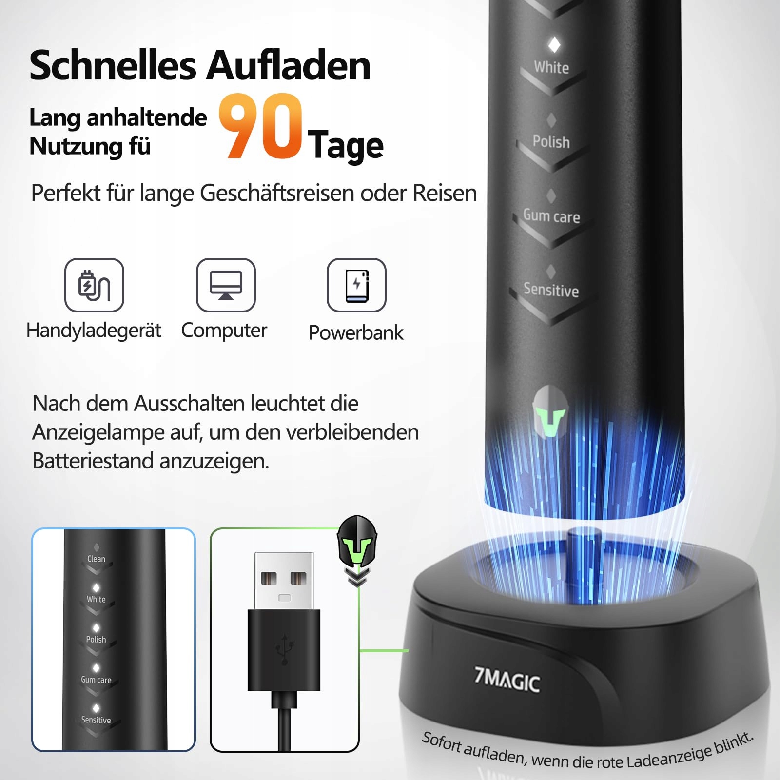 7MAGIC Szczoteczka Soniczna Elektryczna, 3 Intensywności, 5 Trybów — miniatura 5