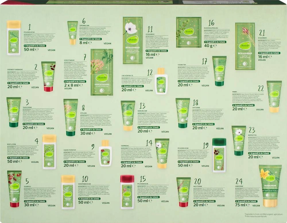 Адвент-календарь alverde Naturkosmetik Beauty 2025, 24 средства для лица, волос и тела — фото 2
