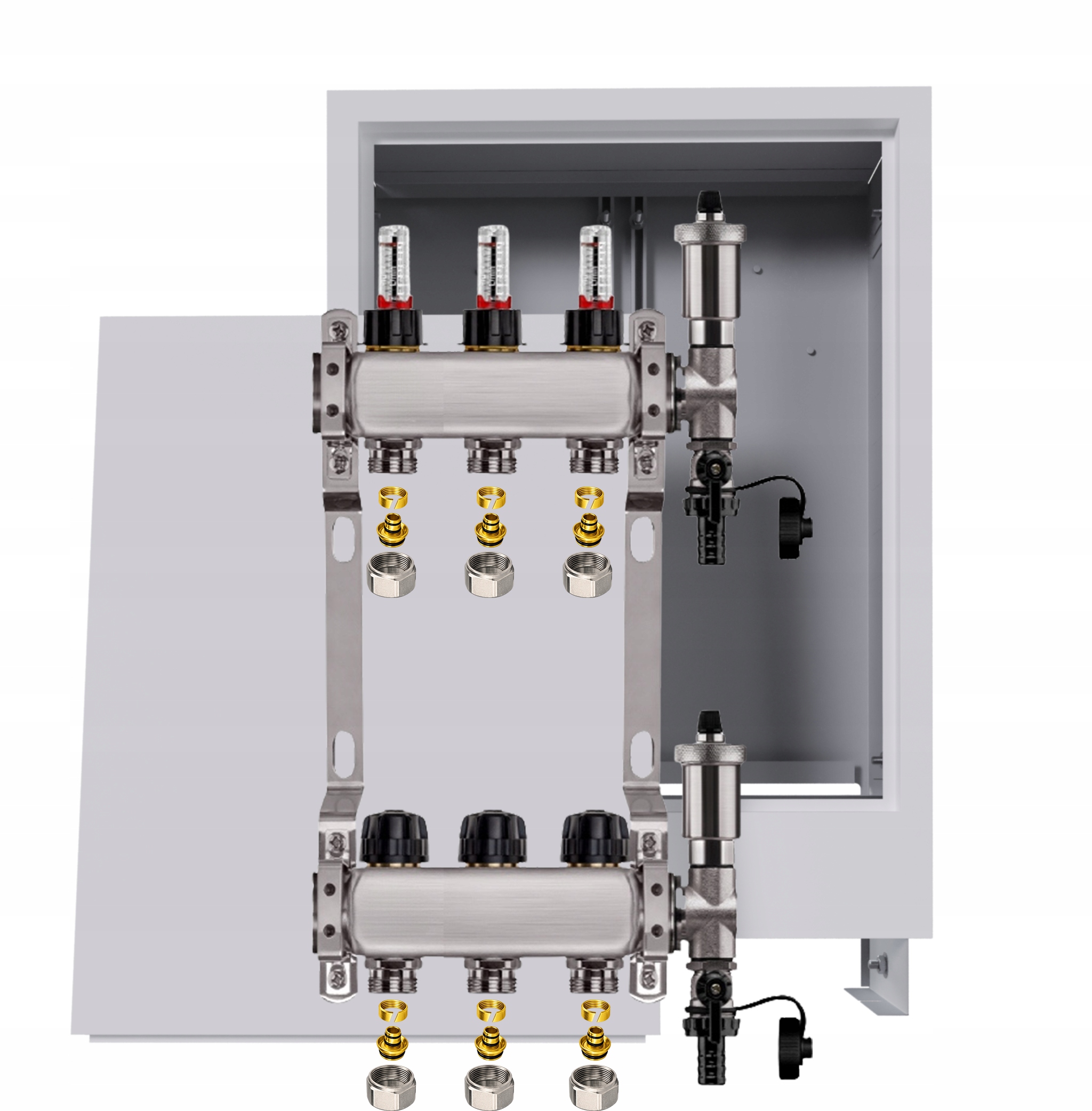 Nerezový rozdělovač pro podlahovku 3 okruhy s podomítkovou schránkou Pex