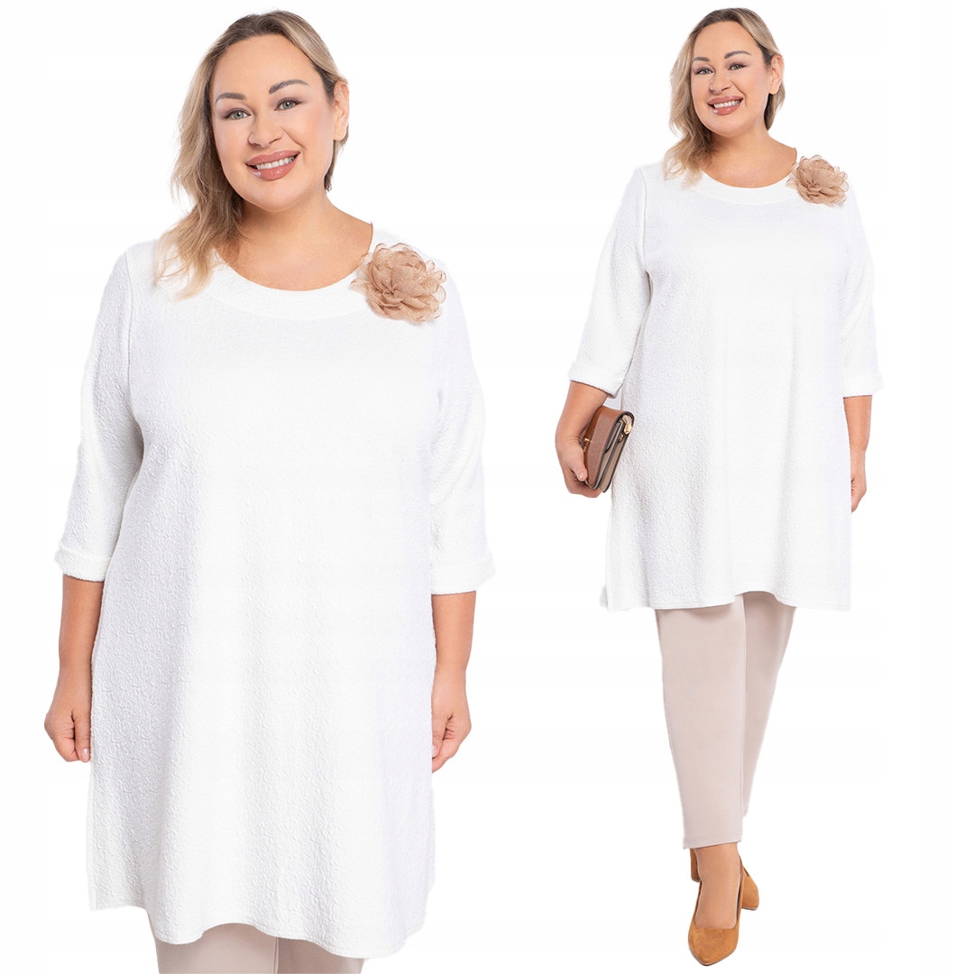 Ecru tunika s lisovanými růžemi a béžovým květem 56/58