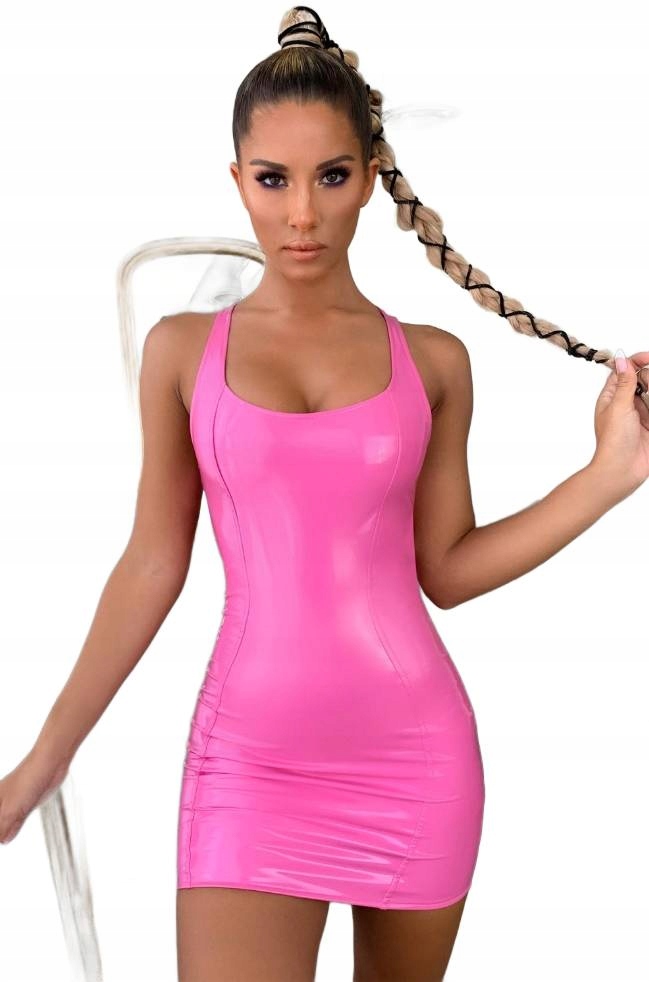 Růžová Šaty Mini Lesklá Vinyl Latex Lack Komplet Lesk Spodní prádlo