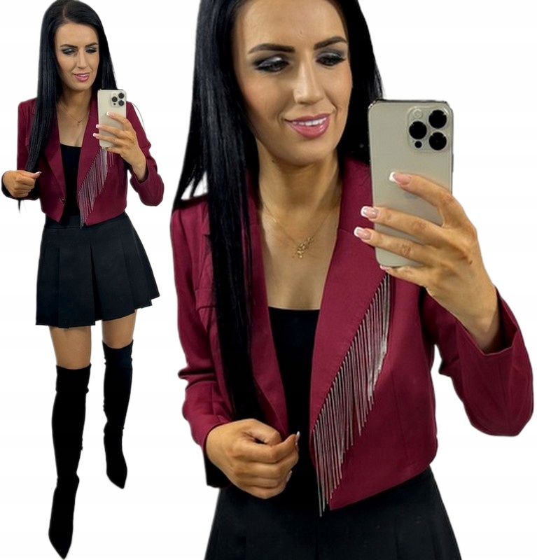 Sako Krátké Elegantní s třásněmi Žaket Bordó L