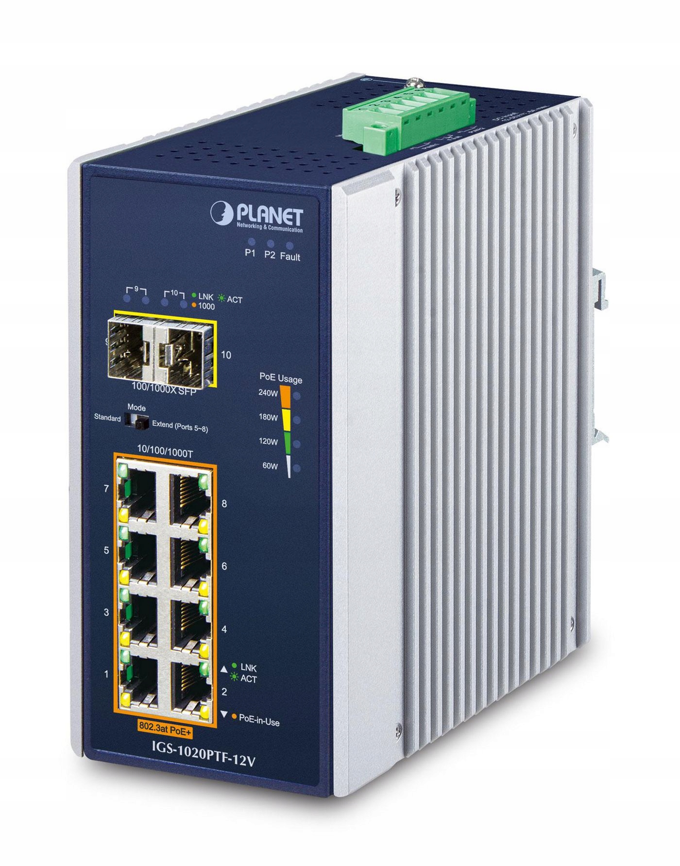 Planet IP30 Ind 8-P 10/100/1000T, IGS-1020PTF-12V