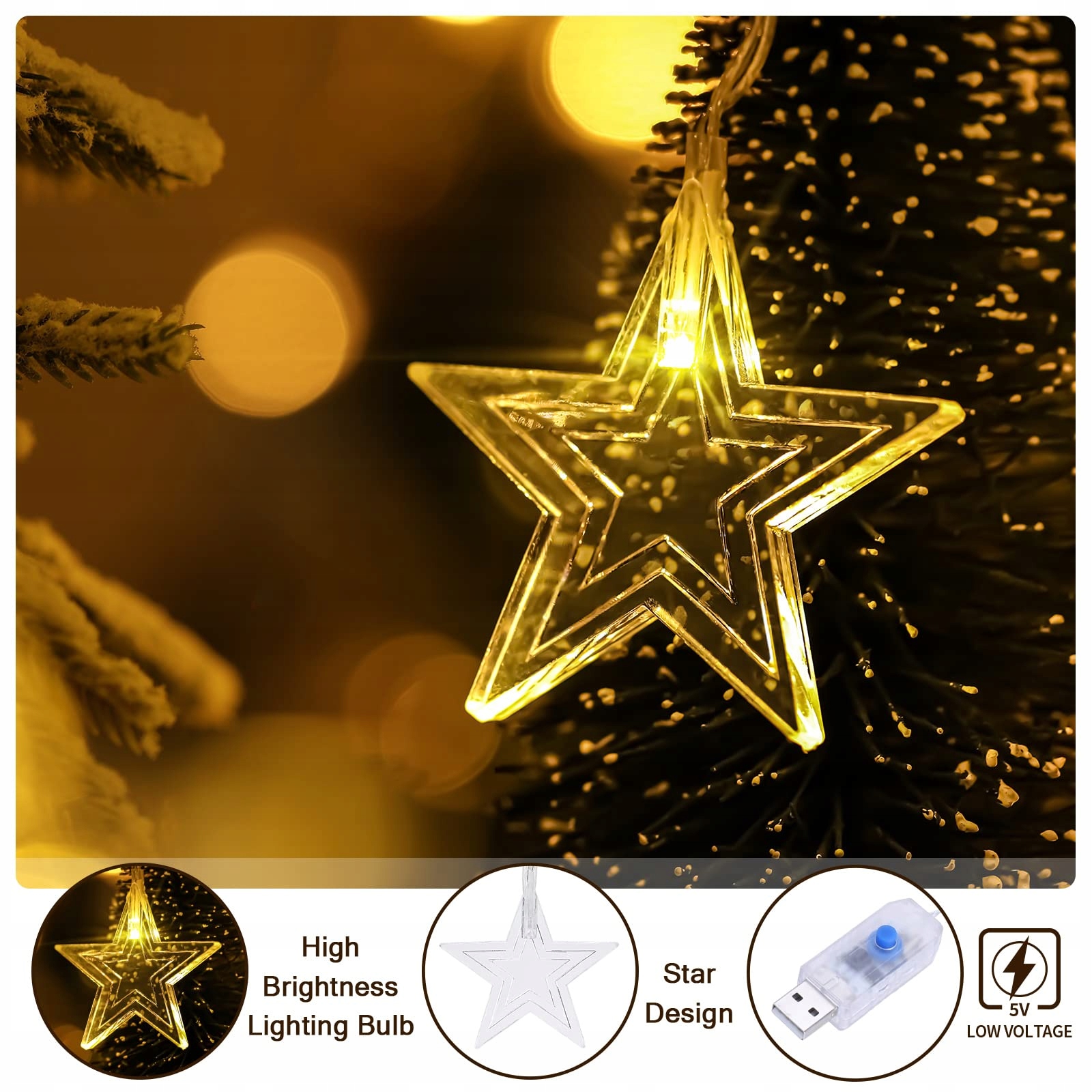 BLOOMWIN KURTYNA ŚWIETLNA GWIAZDY ŚWIĄTECZNE 104 LED USB 8 TRYBÓW WEWNĄTRZ — miniatura 3
