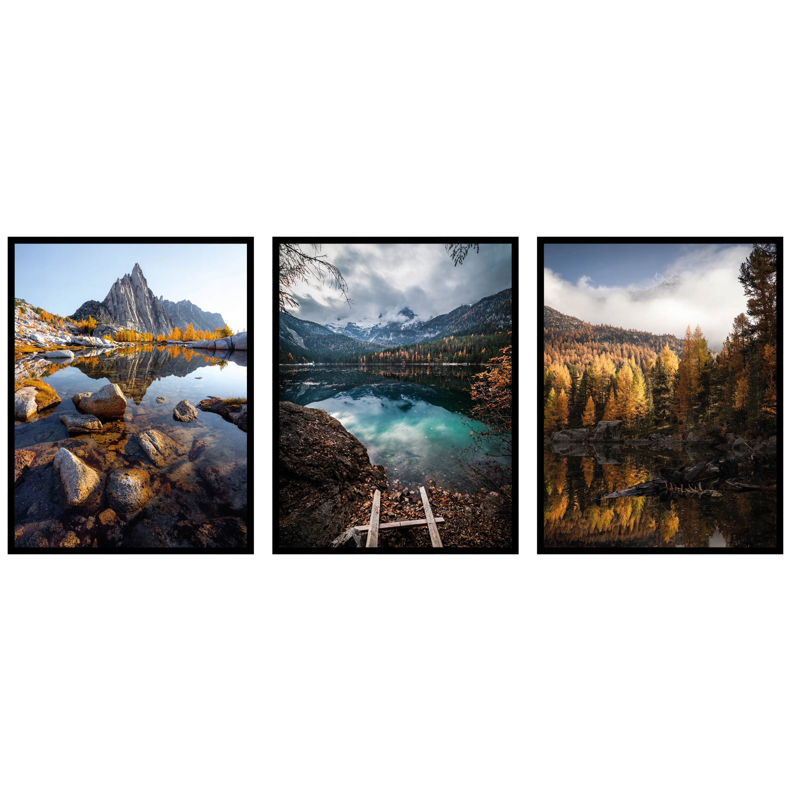Horská krajina jazero les Plagáty 3ks 60x90cm triptych stromy panoráma