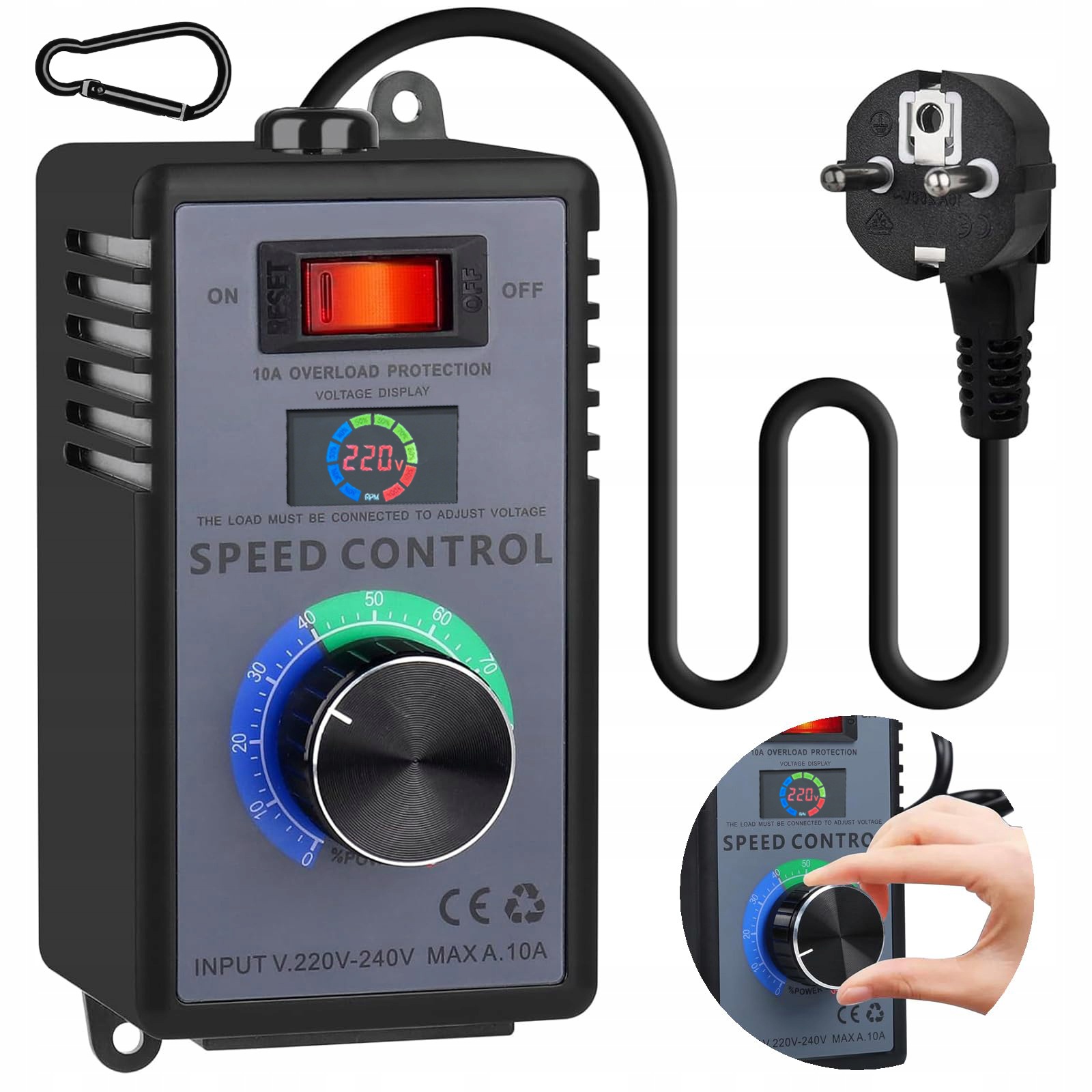 Regulator obrotów silnika 220V 10A z gniazdem europejskim i wyświetlaczem