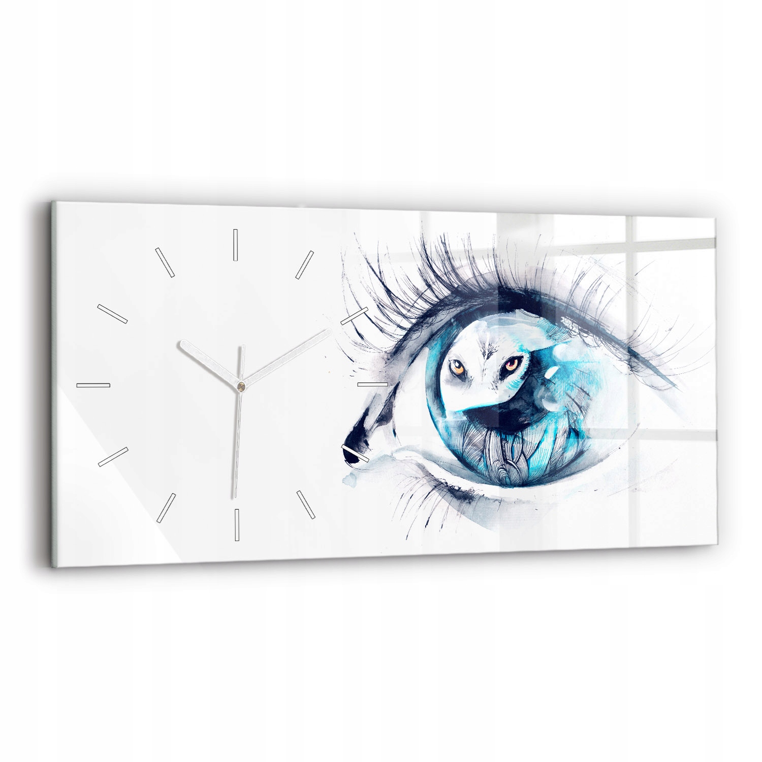 Moderní skleněný nástěnný hodinový stroj s grafikou 60 x 30 cm Ilustrace Vlčí zrak