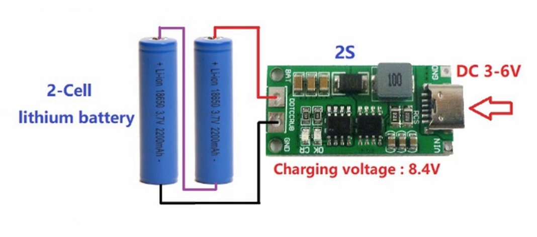 Ładowarka ogniw i akumulatorów Li-Ion Step-Up 2S 8,4V 2A USB-C 18650 / 0068 Kod producenta DDTCCRUB-2S2A
