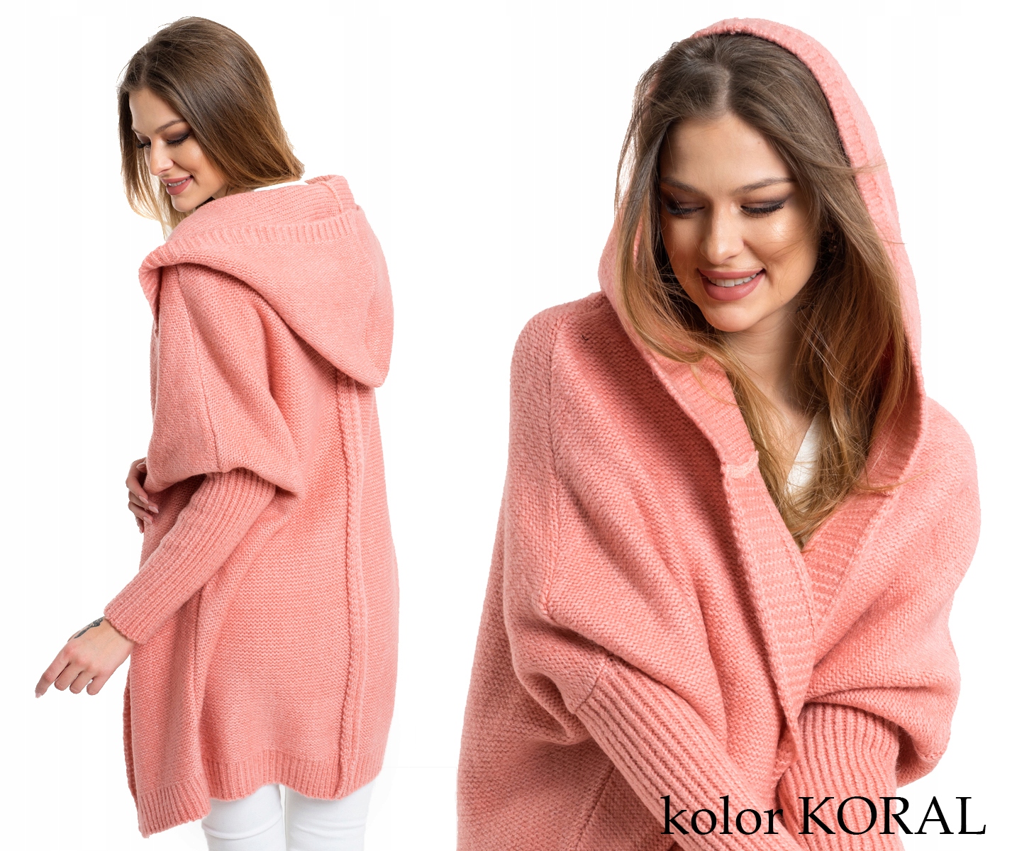 NEIRO LUŹNY SWETER KARDIGAN Z KAPTUREM OVERSIZE Długość do bioder