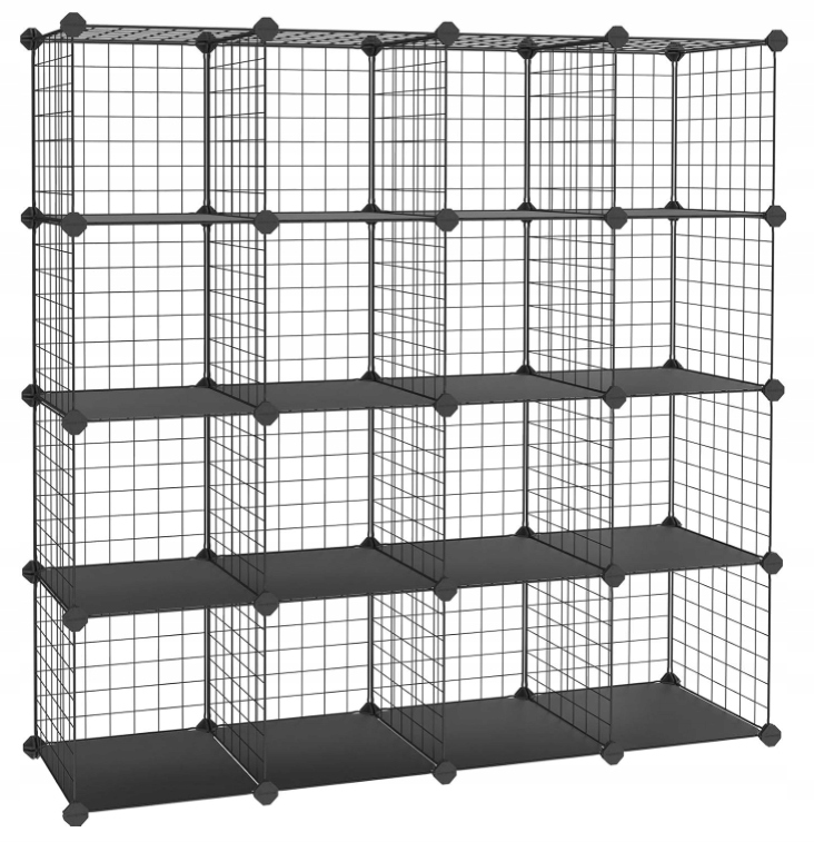 Zásuvný regál z drátěného pletiva, stojící, 16 komor, polic, skříň na boty, kov
