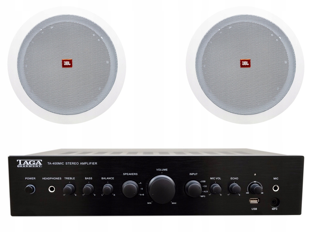 Sada zesilovače 2 x 90 W stropní reproduktory Jbl