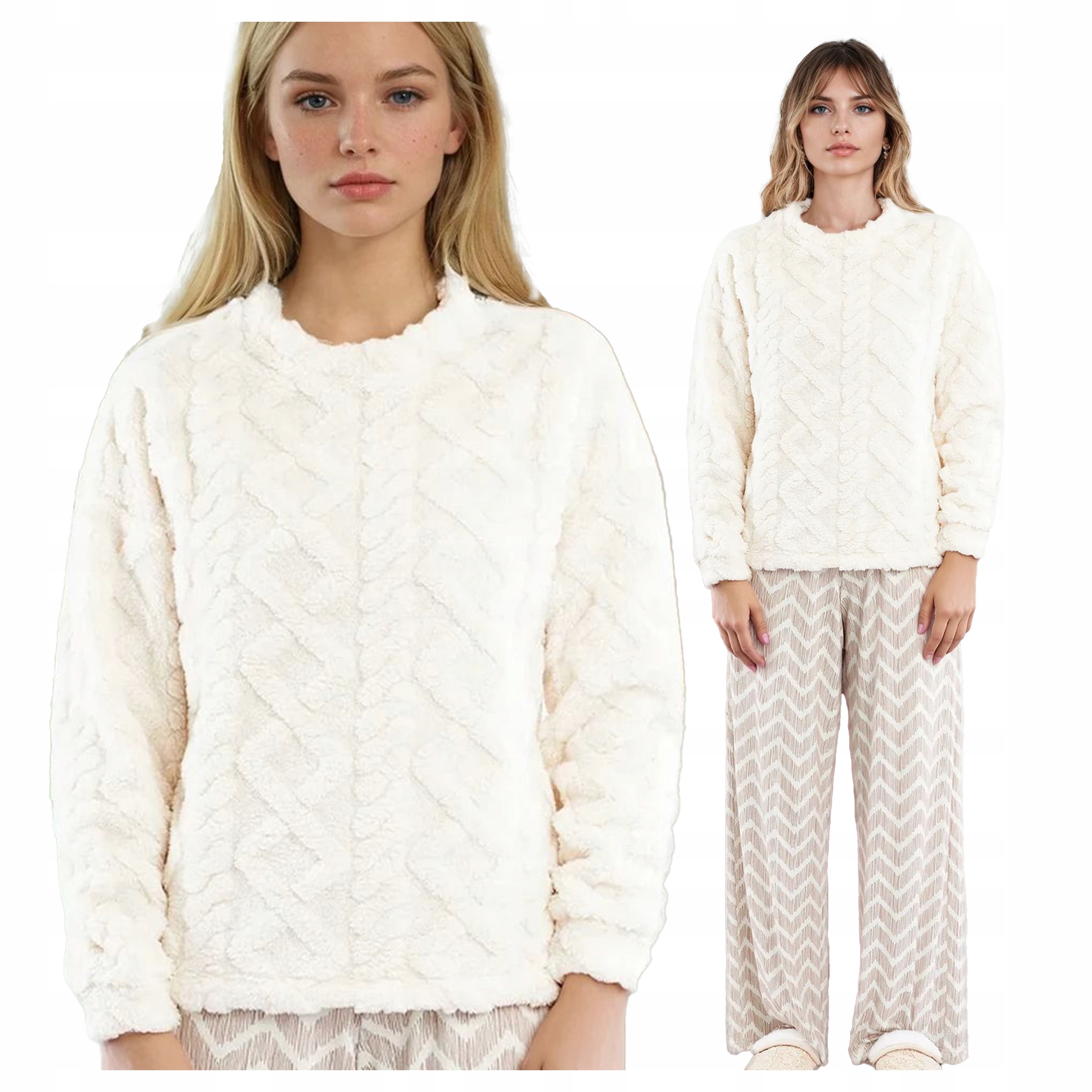 Volné dámské pyžamo Plyšová Mikina s kalhotami Sofie Krémová L