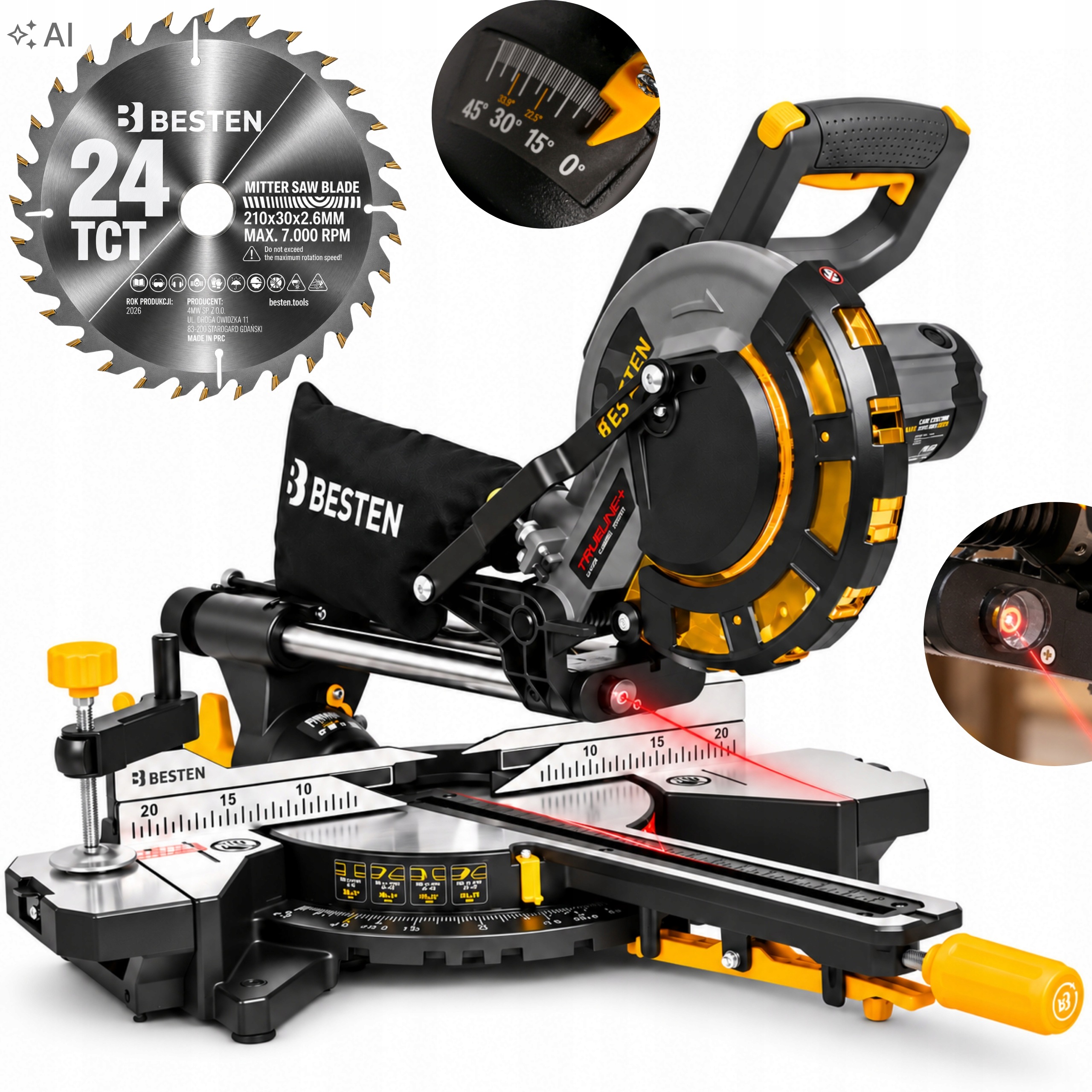 Pokosová Pila S Posuvem Na Dřevo Kotoučová Laserová 1700W Kotoučová 210 MM