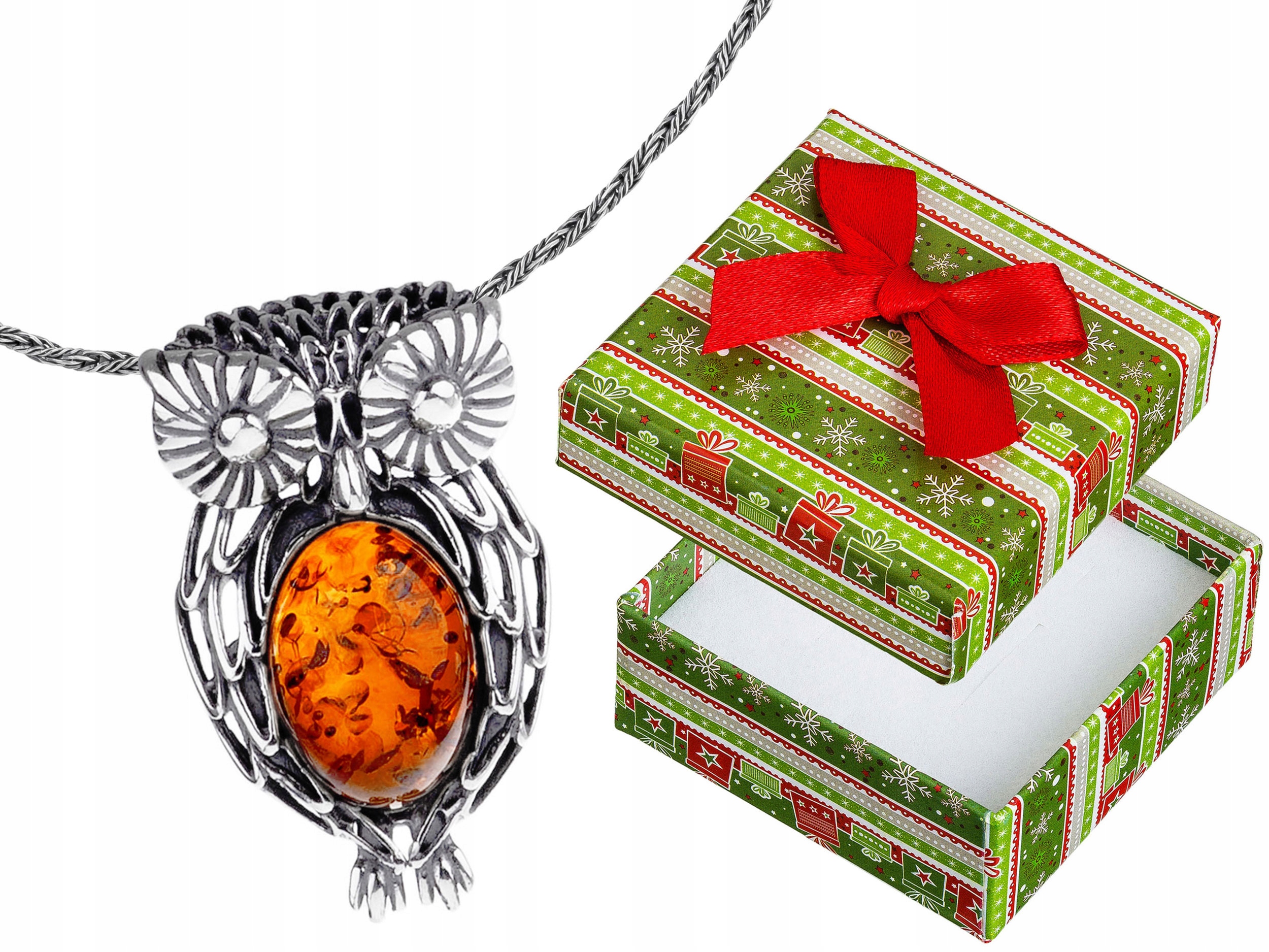 Krátký stříbrný dámský náhrdelník s jantarem, motiv pták/sova, choker 32 cm