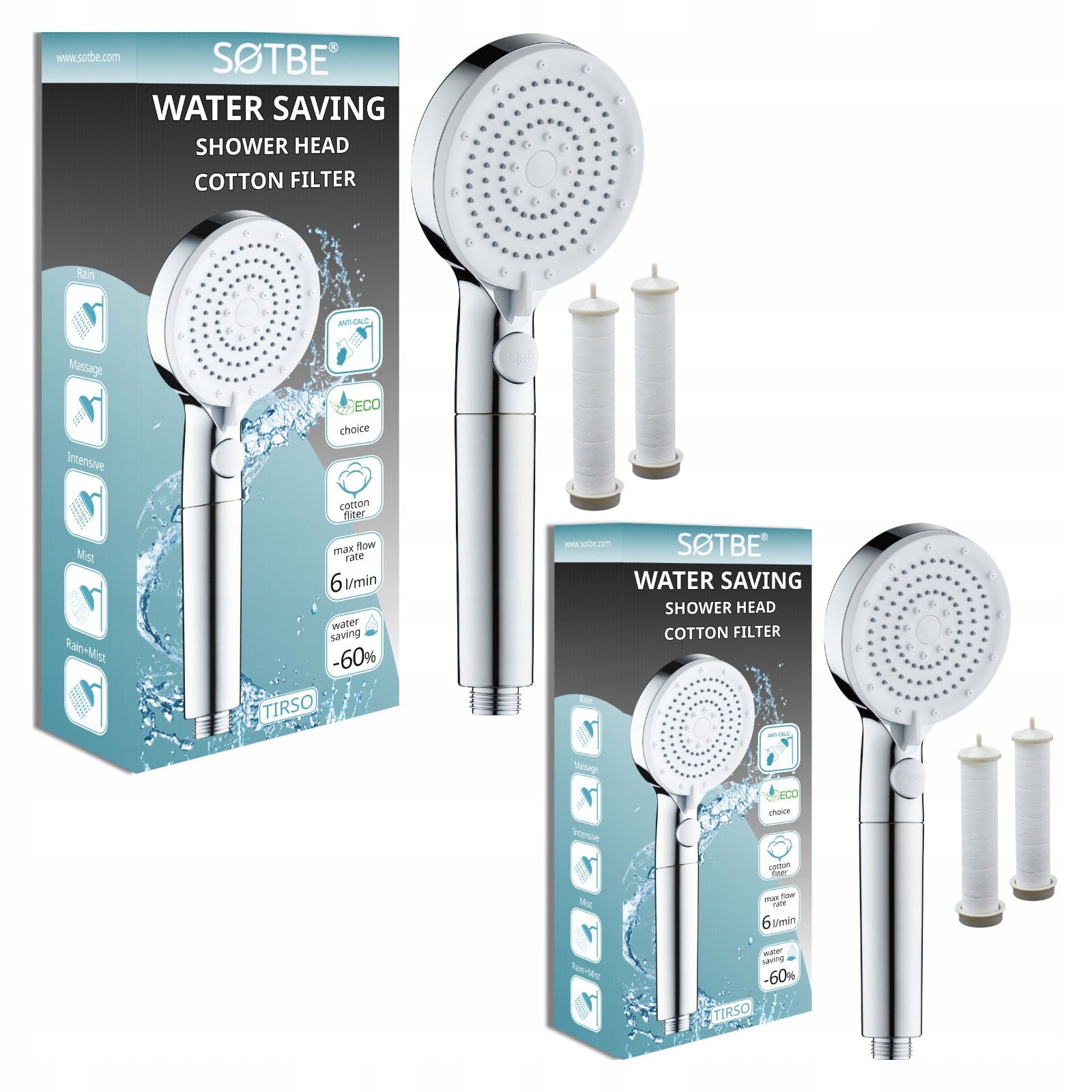 2x Sprchová Hlavice s vyměnitelným filtrem Úspora Vody 60% chrom