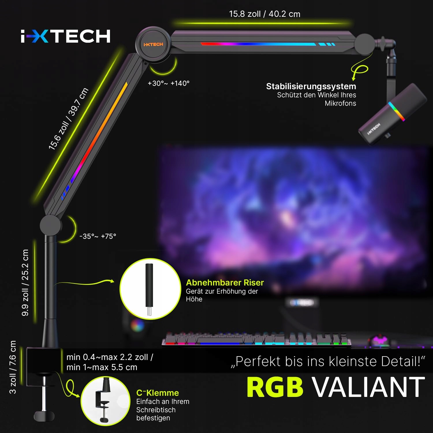 IXTECH RGB Wysięgnik Mikrofonowy Do Streamingu I Gier Regulowany Uchwyt — miniatura 5