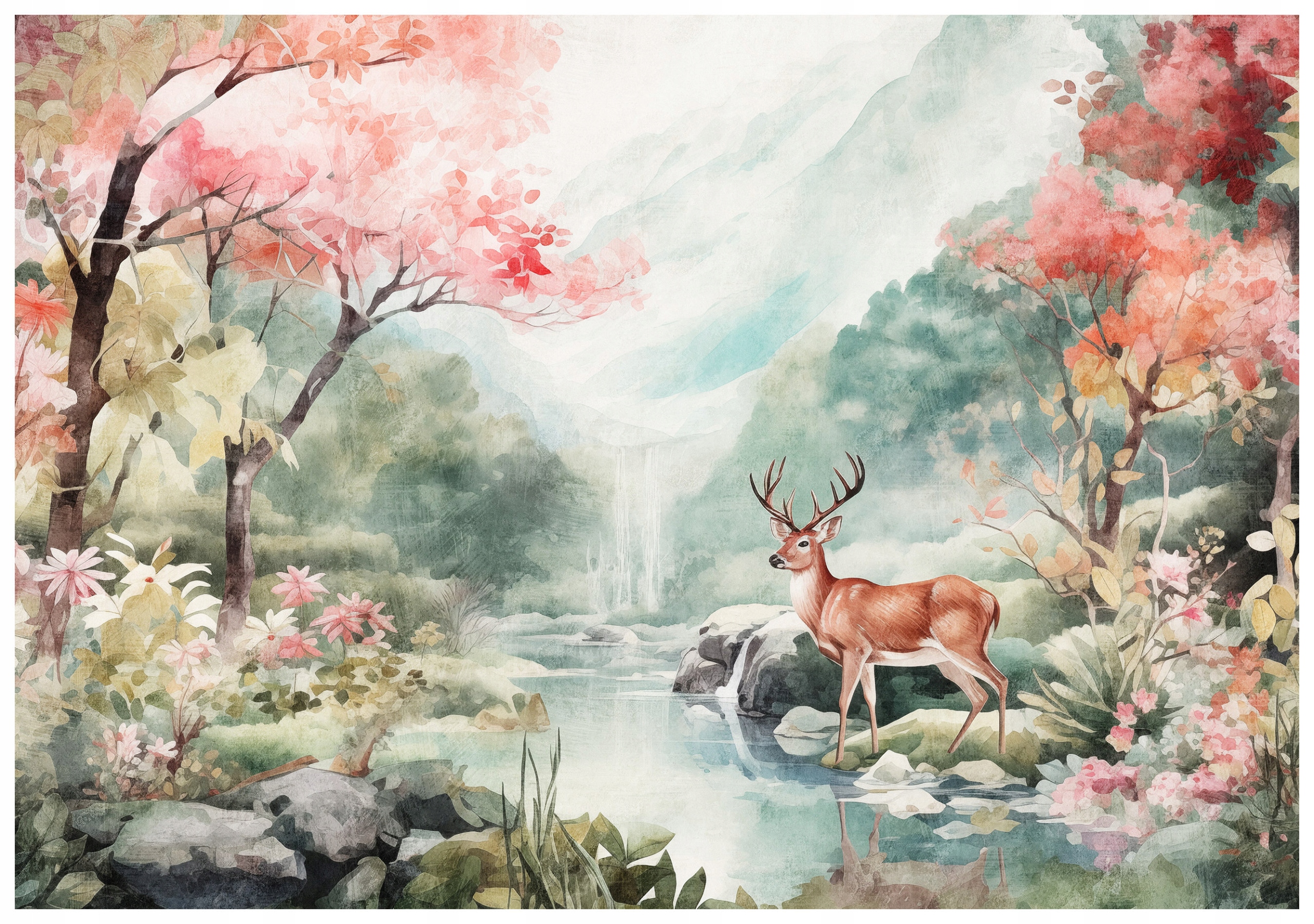 Fototapeta Jelen v lese lesní vodopád klid přírody 312x219 lepidlo