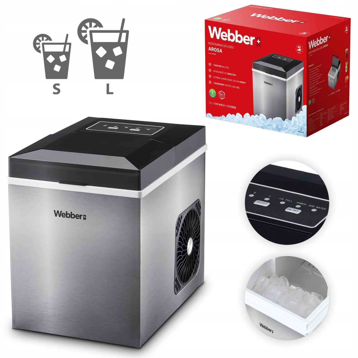 Domáca výrobná kocka na ľad, stroj na výrobu kociek, ľad 10 kg, 165 W Webber