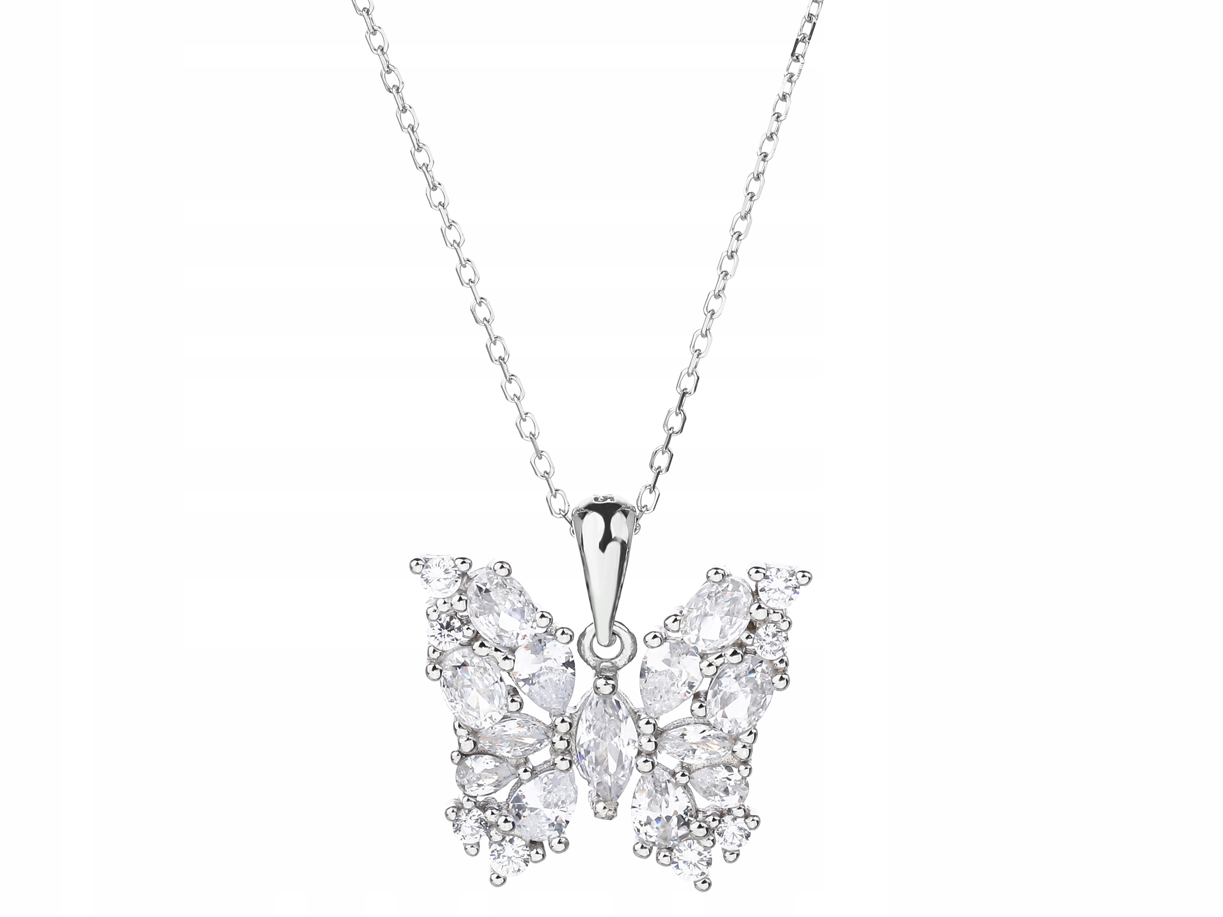 Krátký stříbrný velký dámský náhrdelník Motýl s zirkony Motýlek Choker 32 cm