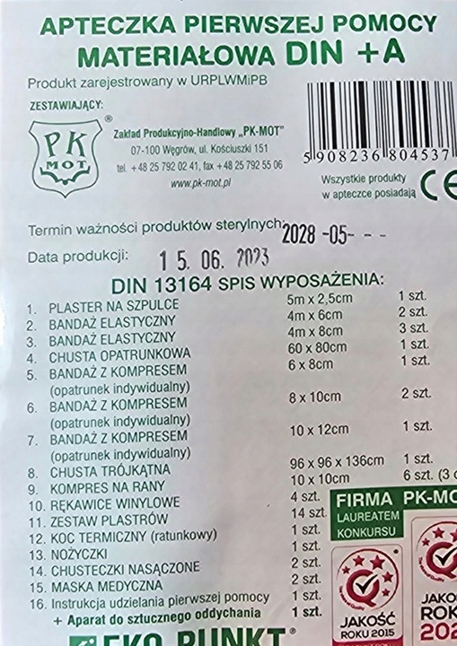 APTECZKA SAMOCHODOWA 41 elementów CAŁA EUROPA norma DIN13164:2022 +ustnik Stan opakowania oryginalne