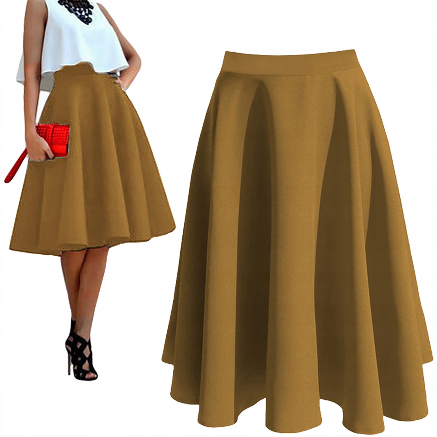 SPÓDNICA Z KOŁA MIDI BEŻOWY ROZKLOSZOWANA 44