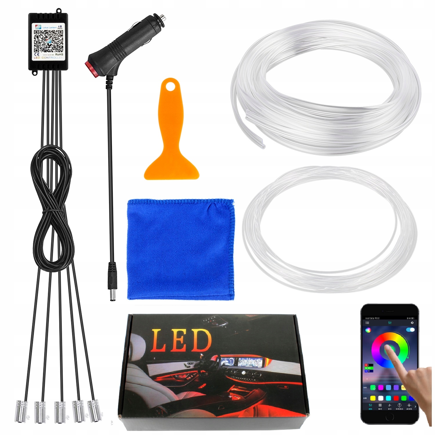 ŚWIATŁOWÓD do samochodu auta oświetlenie kabiny LISTWA 6m RGB + APLIKACJA