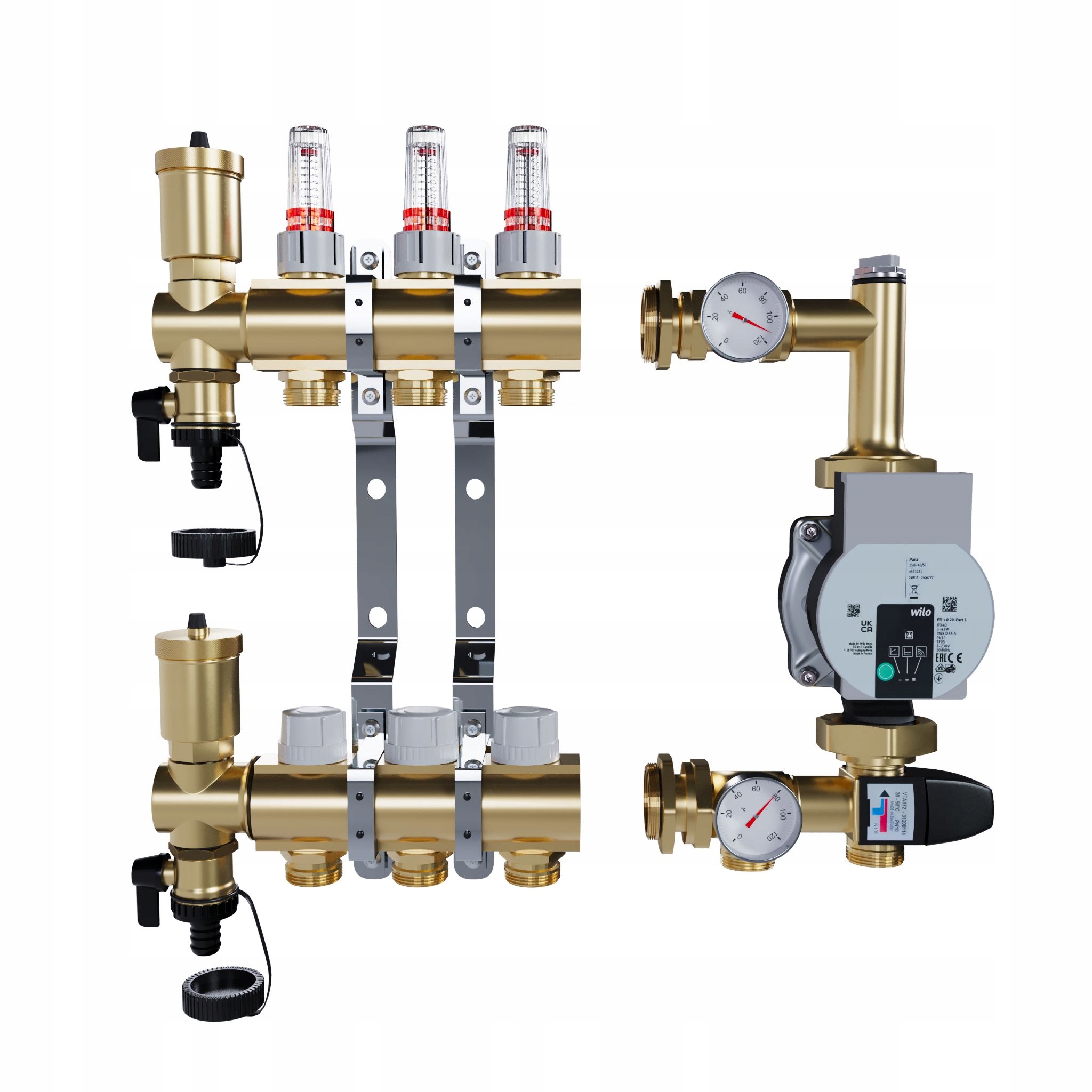 Rozdělovač pro podlahové topení 3 mosazné sekce Čerpadlo Wilo