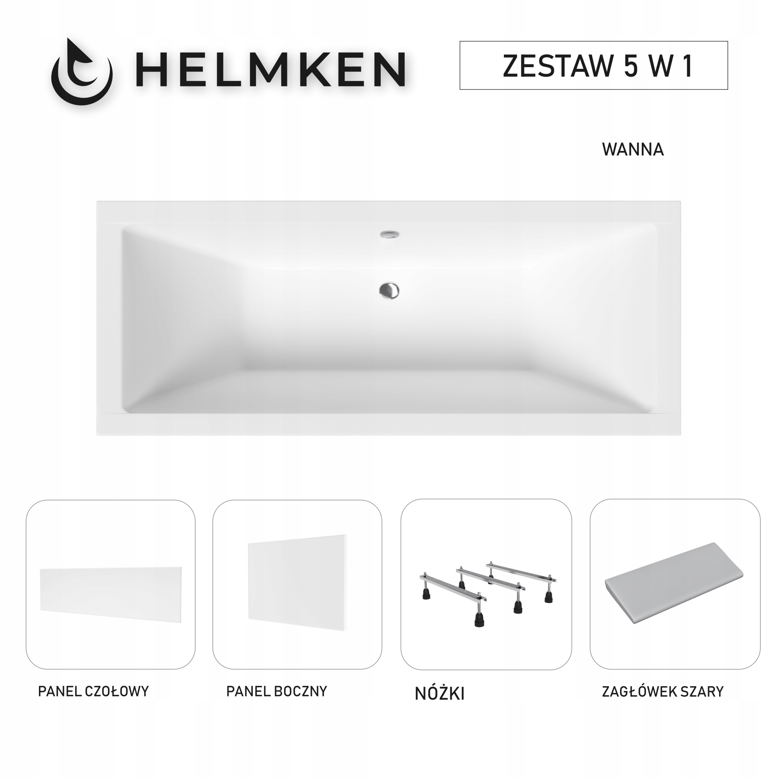 Wanna akrylowa Helmken Alvaro 180 x 80 Paneli Zagłówek szary Nóżki