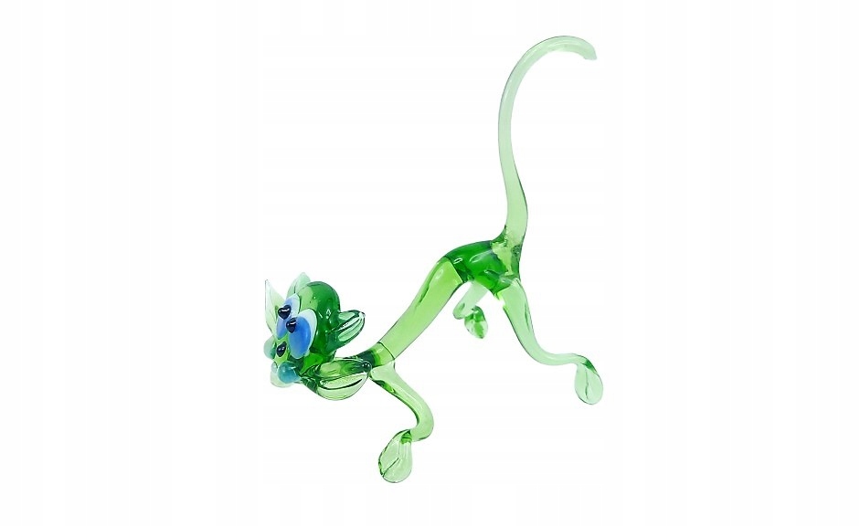 PIĘKNA SZKLANA,DUŻA FIGURKA/ KOT/ KOTEK/RĘKODZIEŁO Kolor odcienie zieleni przezroczysty wielokolorowy