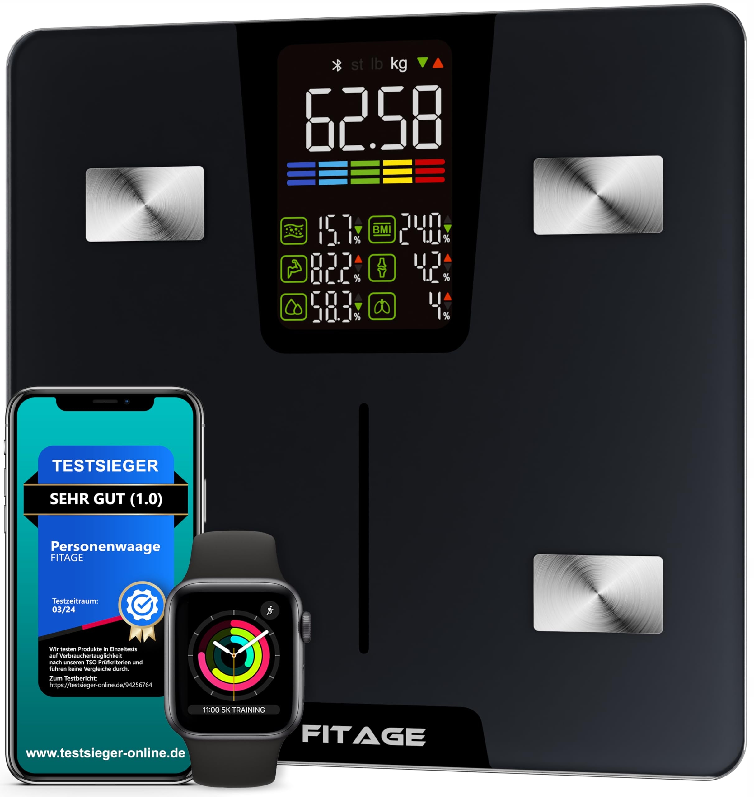 FITAGE Waga Cyfrowa Osobista 225kg Analiza Ciała Aplikacja LED