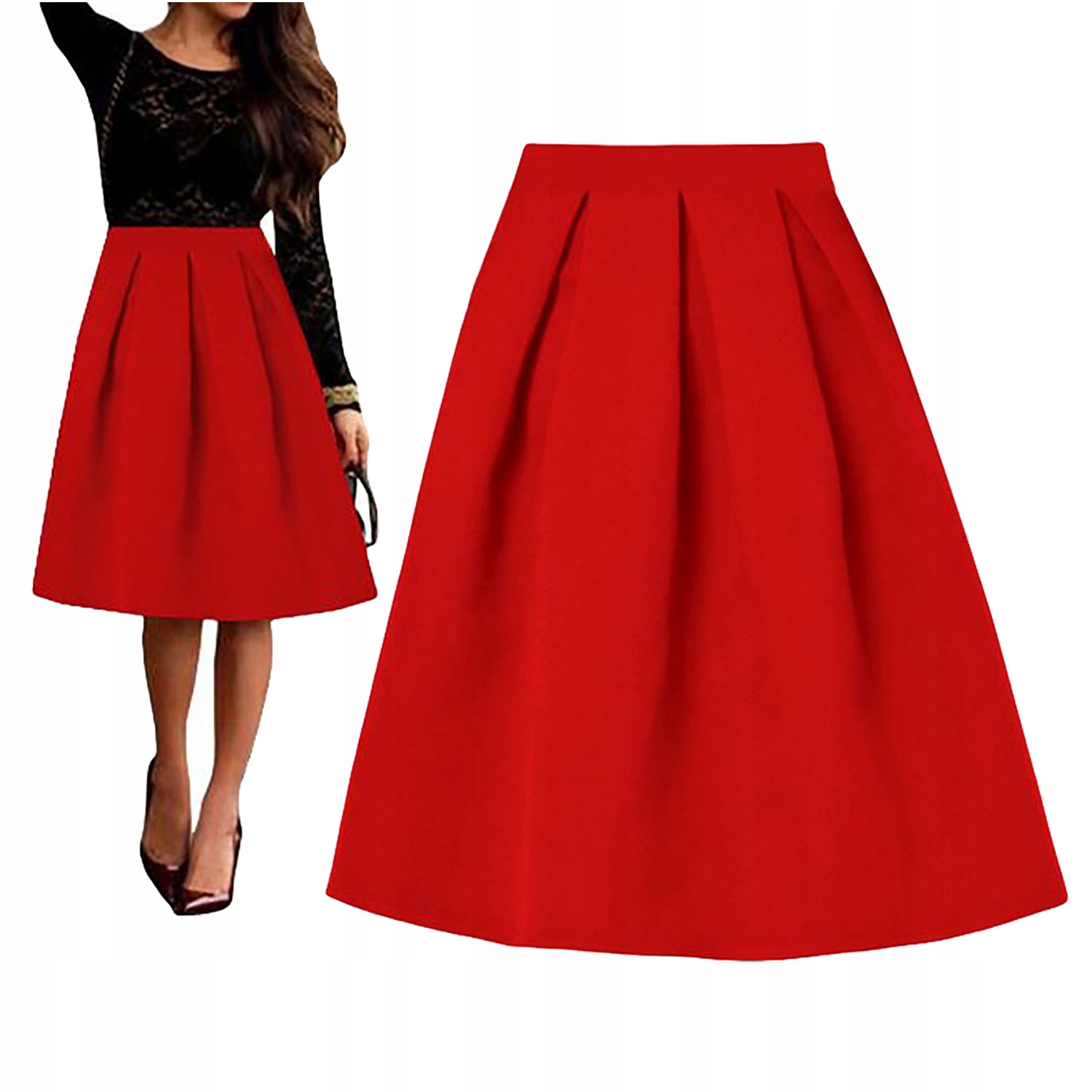 SPÓDNICA ROZKLOSZOWANA CZERWONY MIDI MODNA 36