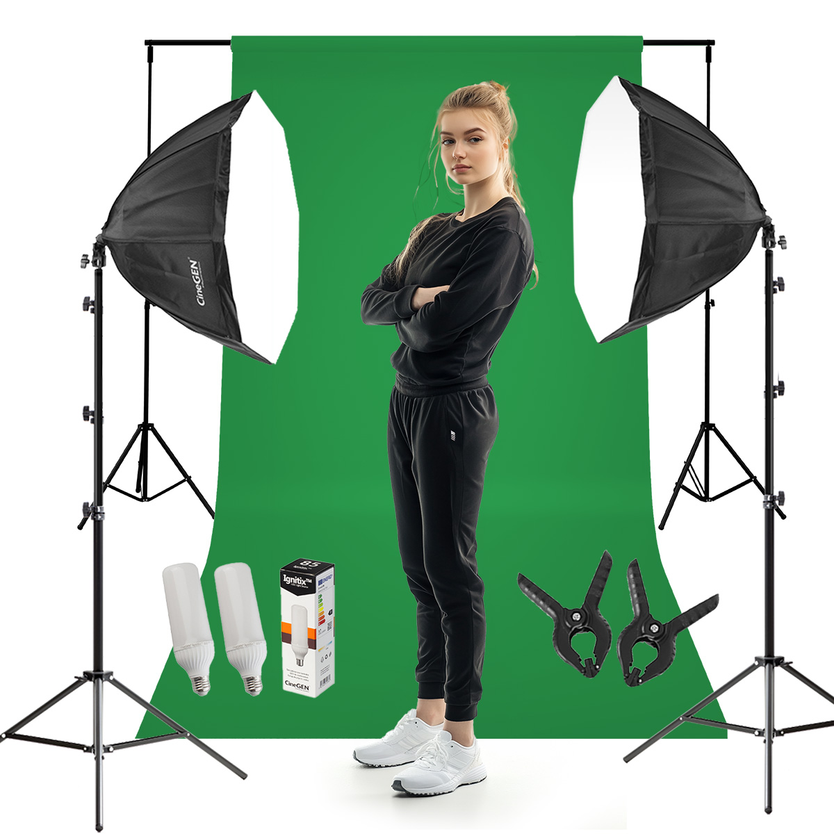Zestaw Studyjny Stelaż + Tło Zielone + 2x Lampa Softbox Octa 90cm 85W LED