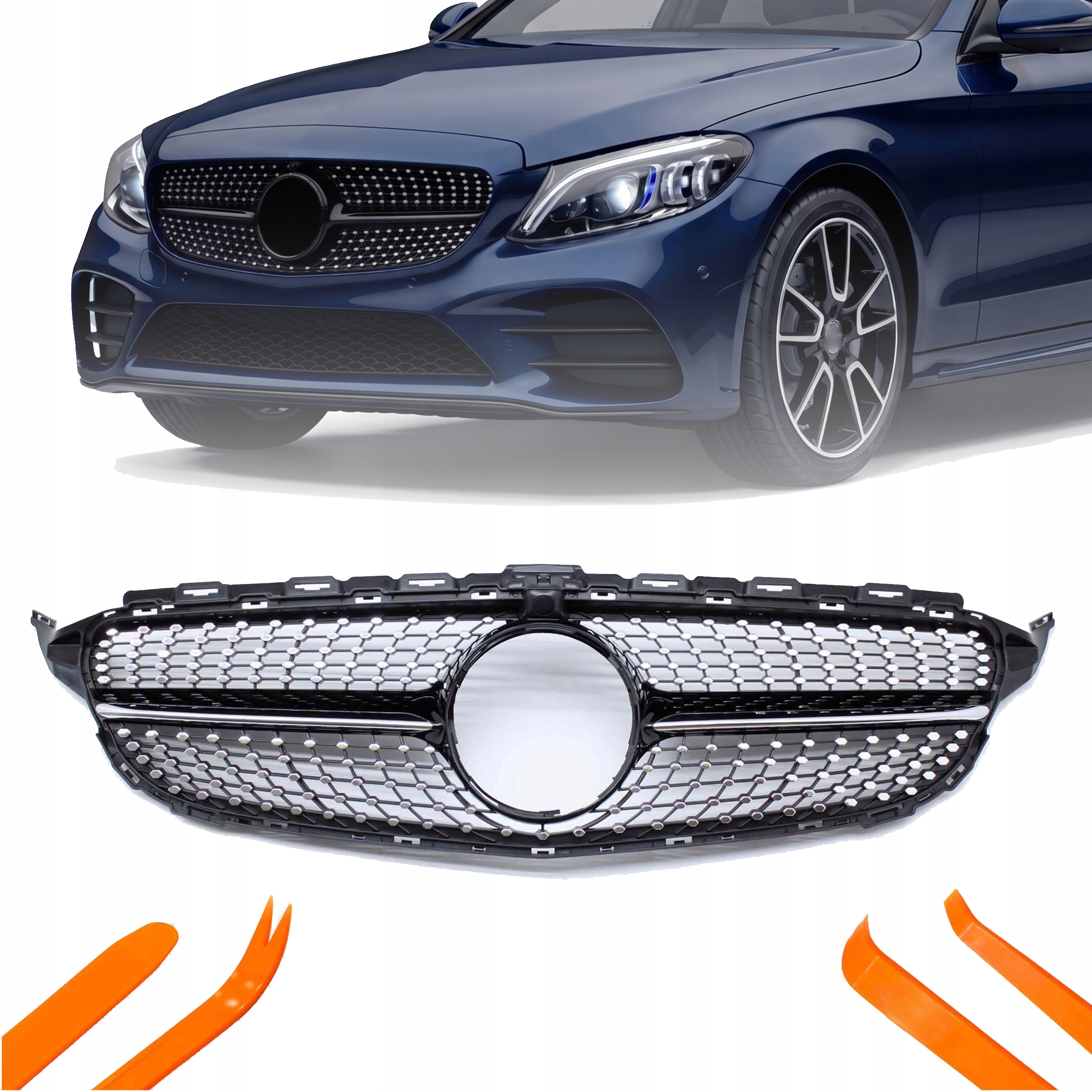 Atrapa Grill Mercedes Db C W205 15-18 Černý Lesk Diamantová Kamera