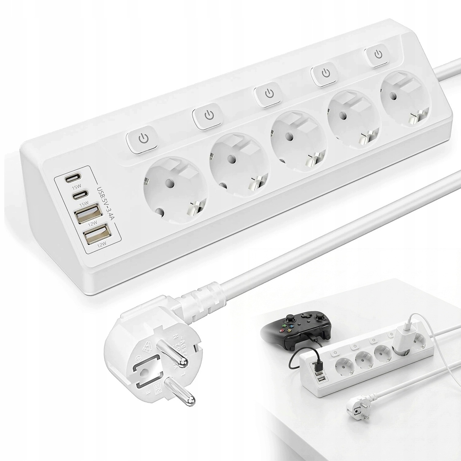 Prodlužovací Kabel Zásuvková Lišta Vypínač 2x Usb 5 Zásuvek 2 m Výkonná Nabíječka