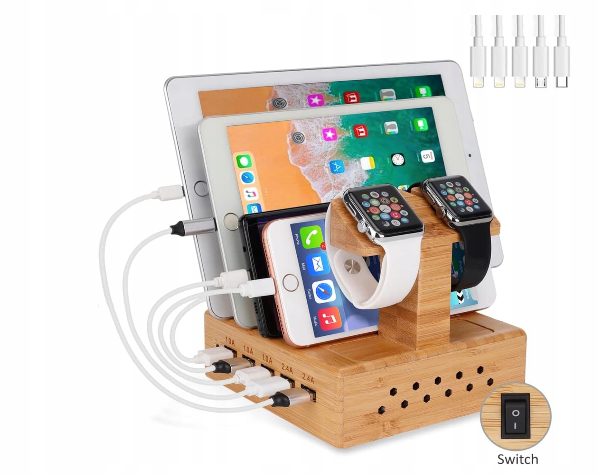 Drewniana stacja dokująca do ładowania 5x Usb Bambusowa Kable