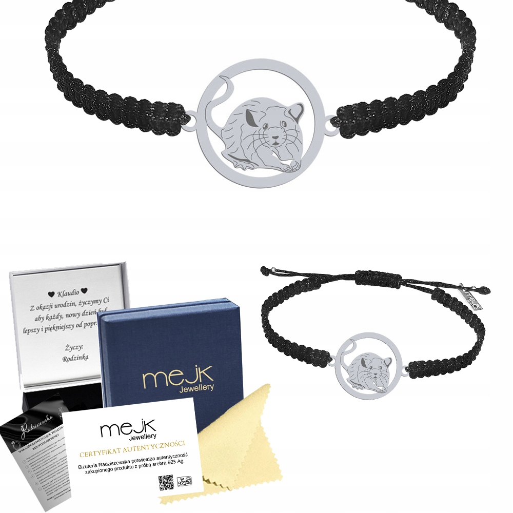 Stříbrný náramek s myší 925 Makramé Dárek pro učitele Gravírování