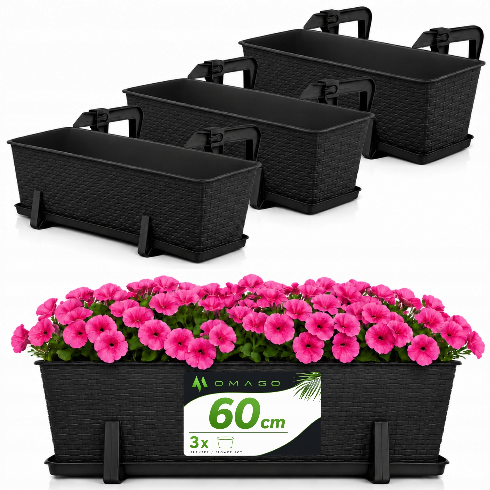 3 x Balkonový Truhlík Květináč 60 cm S Úchytkami Set Antracit