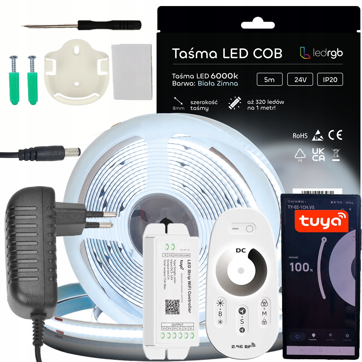 Sada Led pásků Cob 24V 5 m 6000K Bílá Zaimna Napájecí Zdroj Tuya Wifi Dálkový Ovladač Rf