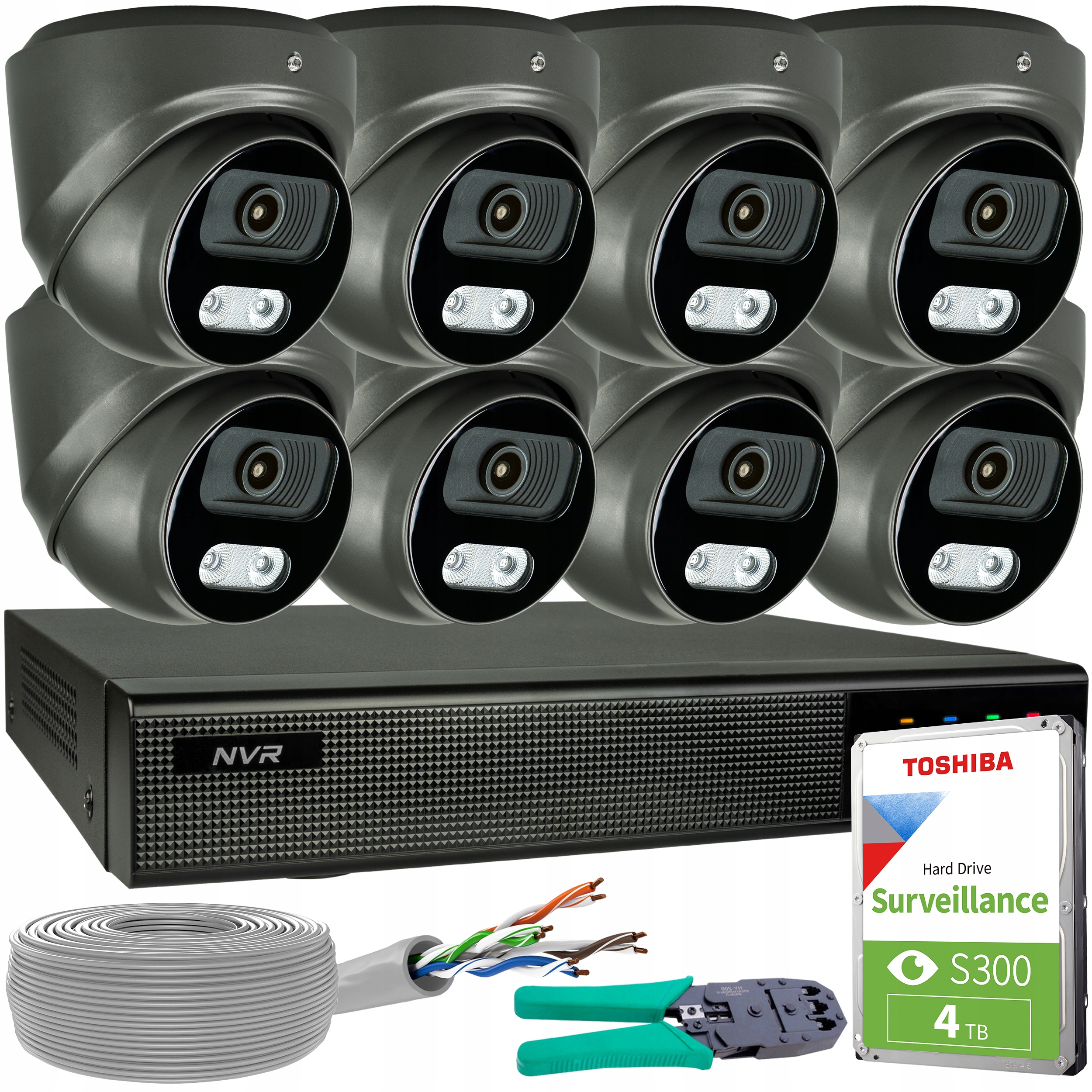 Sada 8 kamer Grafitové Ip 8MP 4K Poe Detekce lidí a vozidel Hdd 4TB